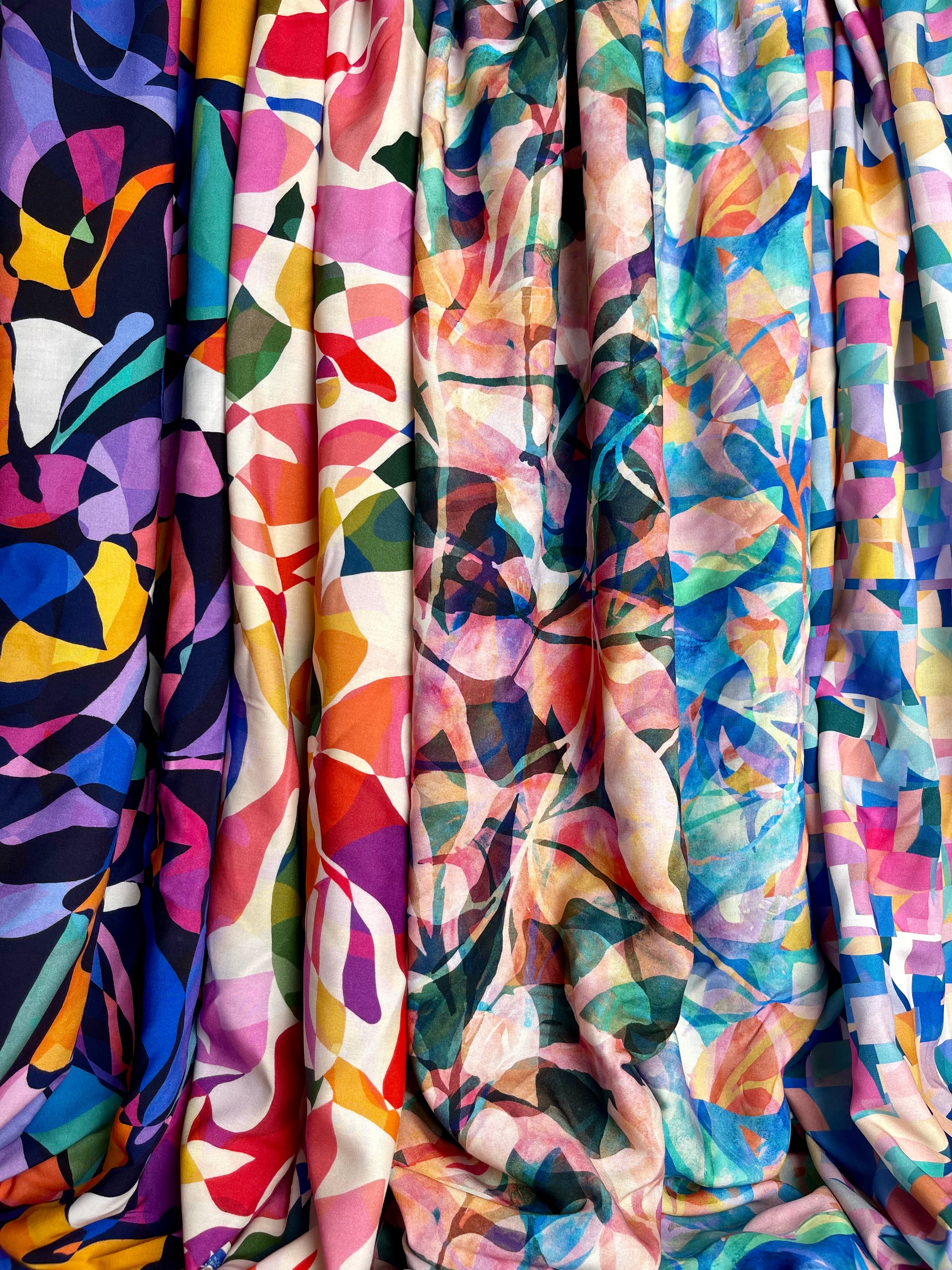 Summer Party - Rainbow Leaves Navy Viscose Fabric