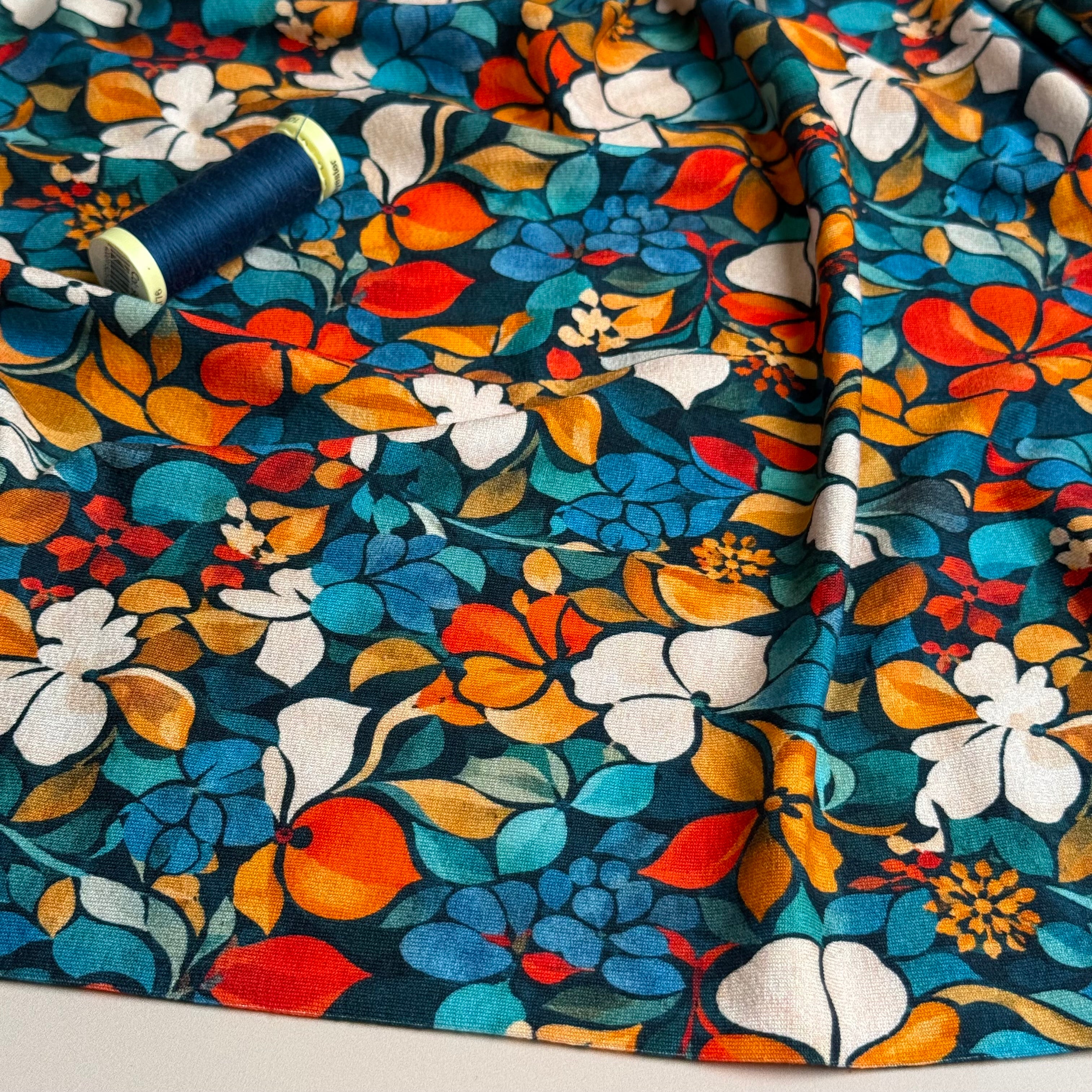 Autumn Flower Petals Petrol Viscose Jersey Fabric