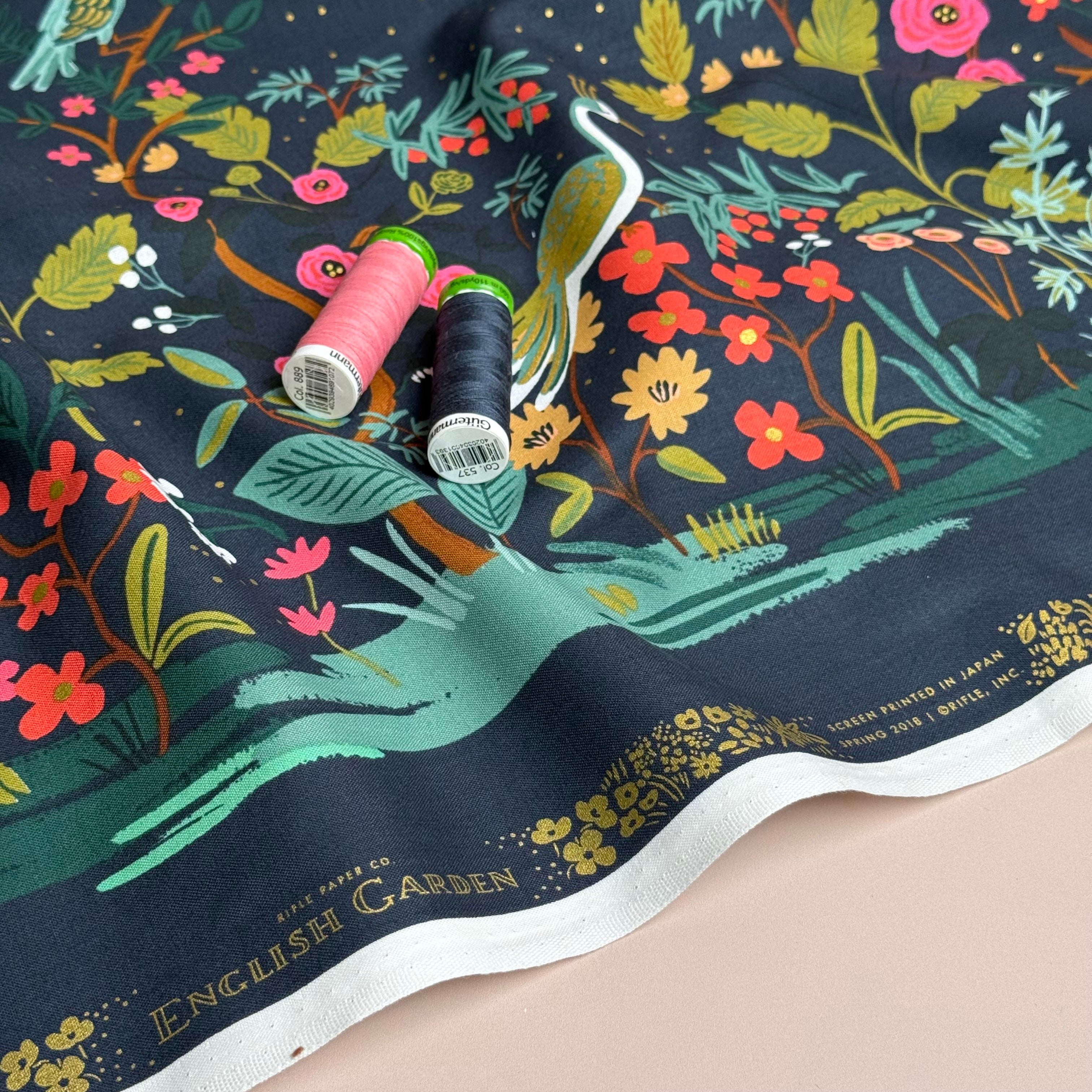 Rifle Paper Co - Growing Garden Navy Cotton Border Print with Metallic Gold