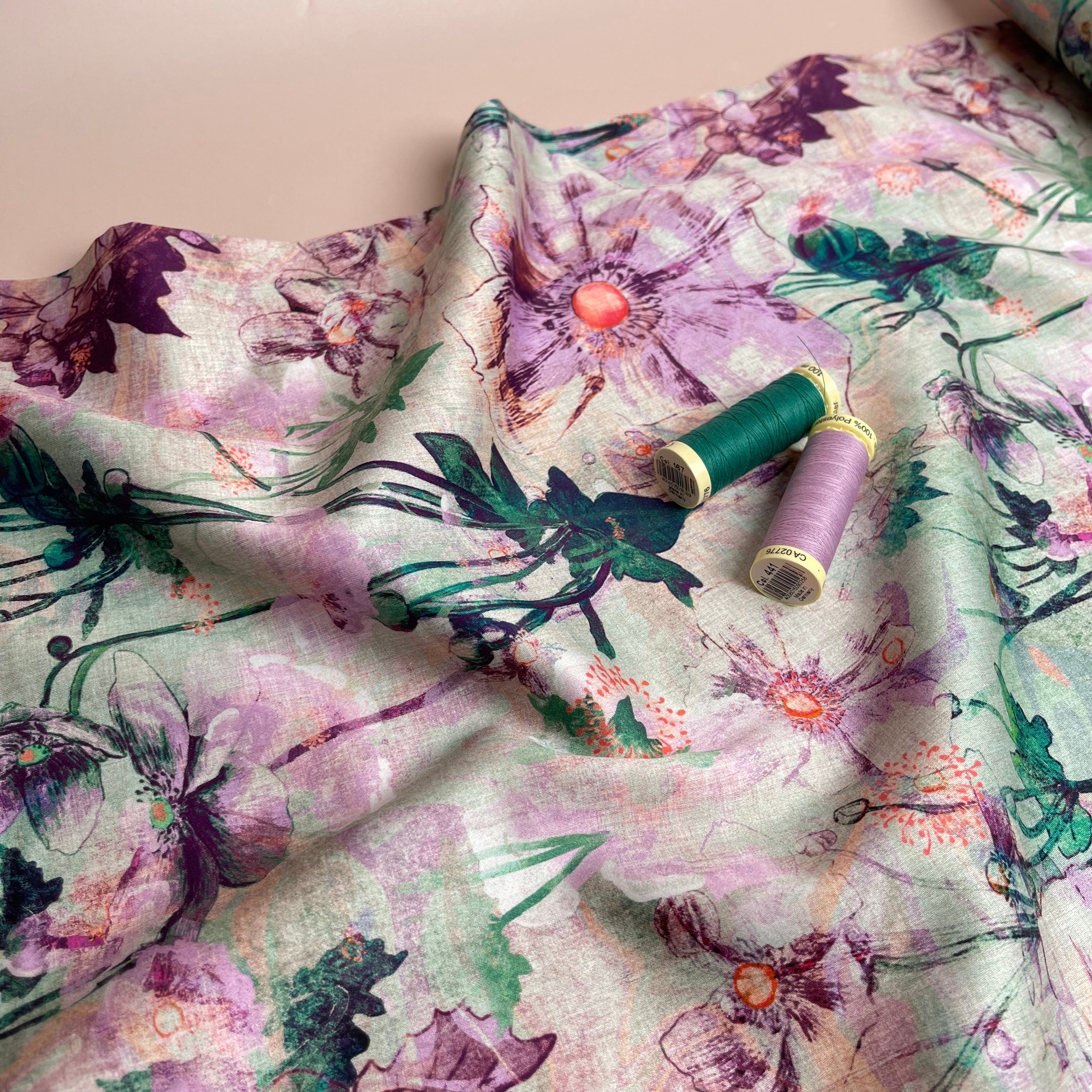 Nerida Hansen - Japanese Anemone Lilac Cotton Sateen Fabric