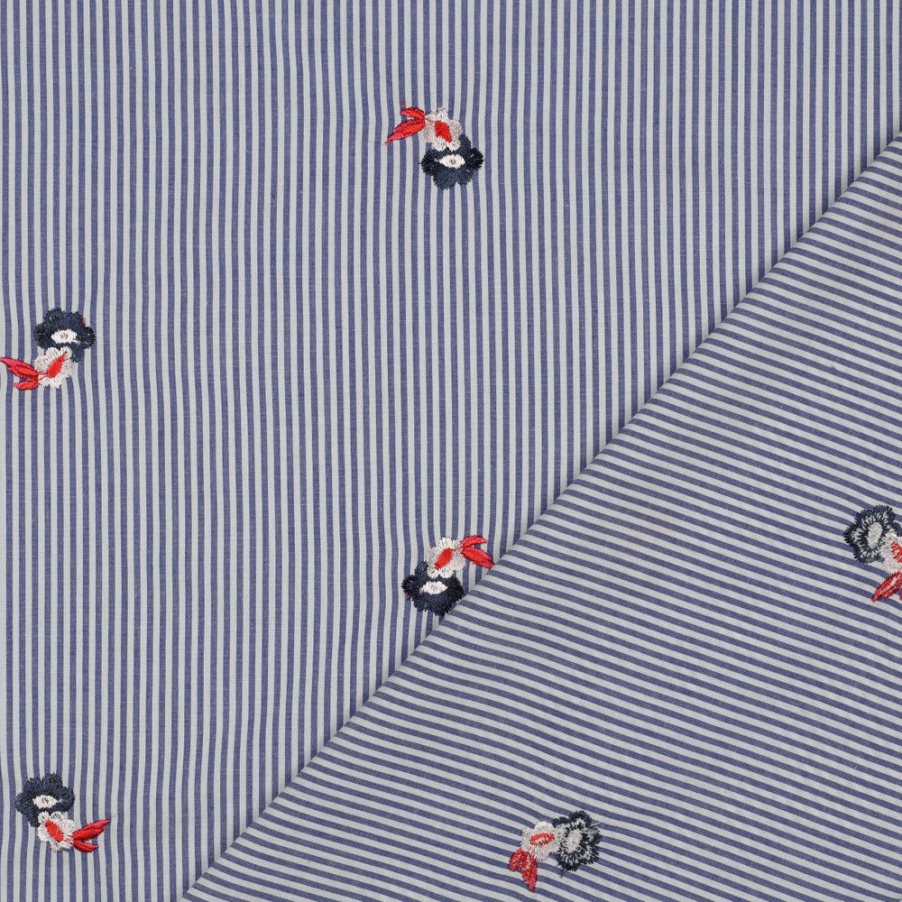 Embroidered Flowers on Blue Stripe Cotton Fabric