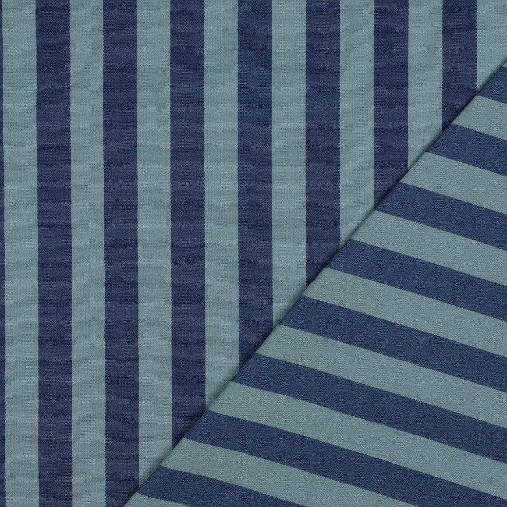 Yarn Dyed Washed Cotton Stripe Fabric in Blue and Sage Green