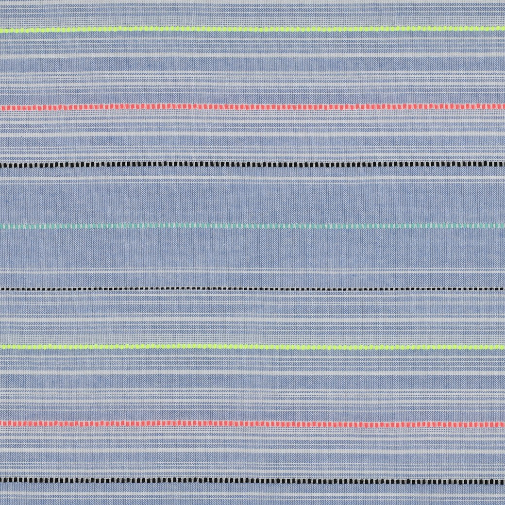 Yarn Dyed Embroidered Neon Stripes on Blue Cotton Fabric