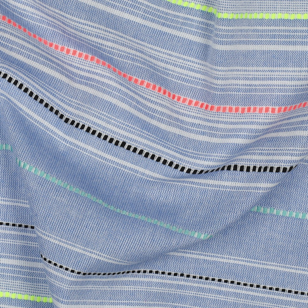 Yarn Dyed Embroidered Neon Stripes on Blue Cotton Fabric