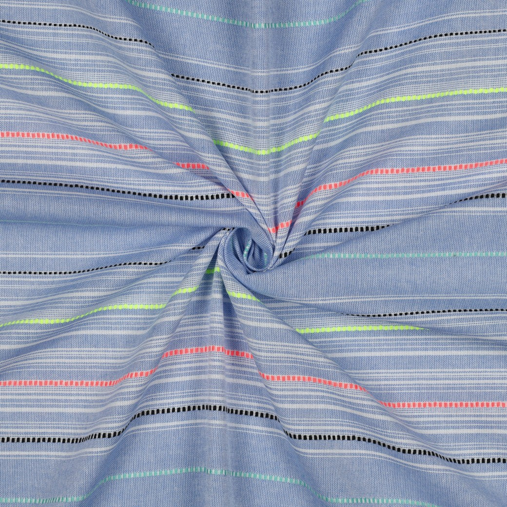 Yarn Dyed Embroidered Neon Stripes on Blue Cotton Fabric