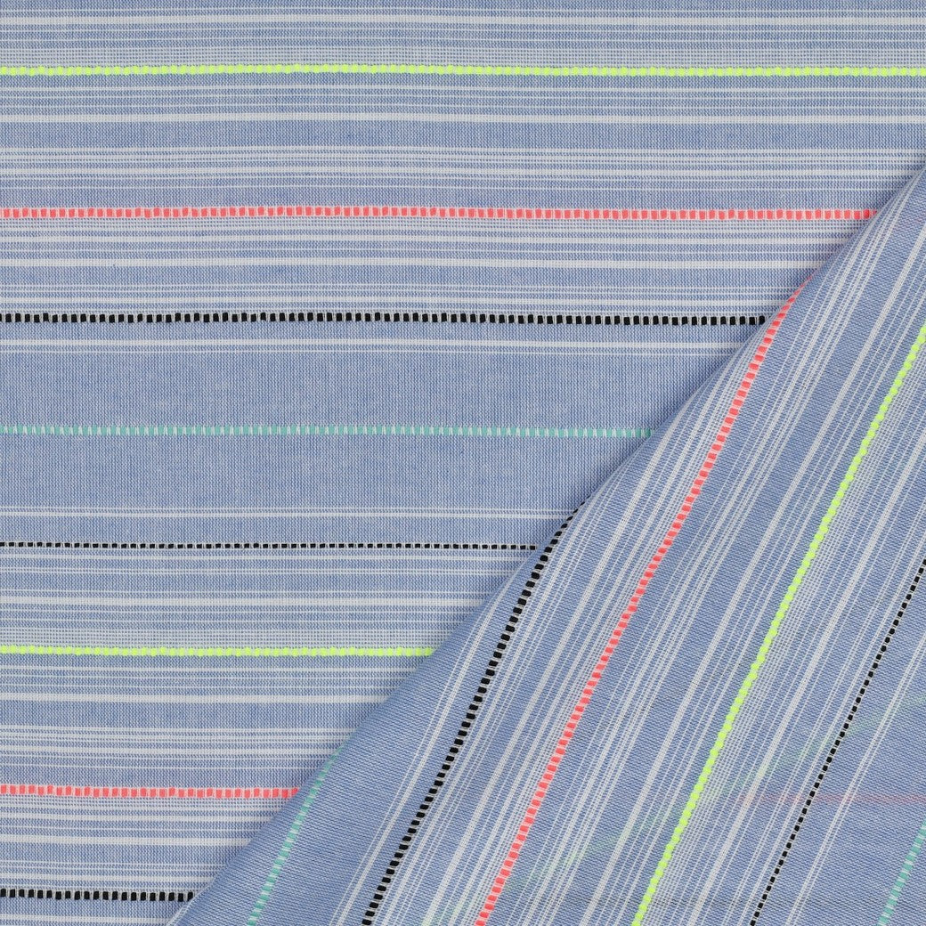 Yarn Dyed Embroidered Neon Stripes on Blue Cotton Fabric