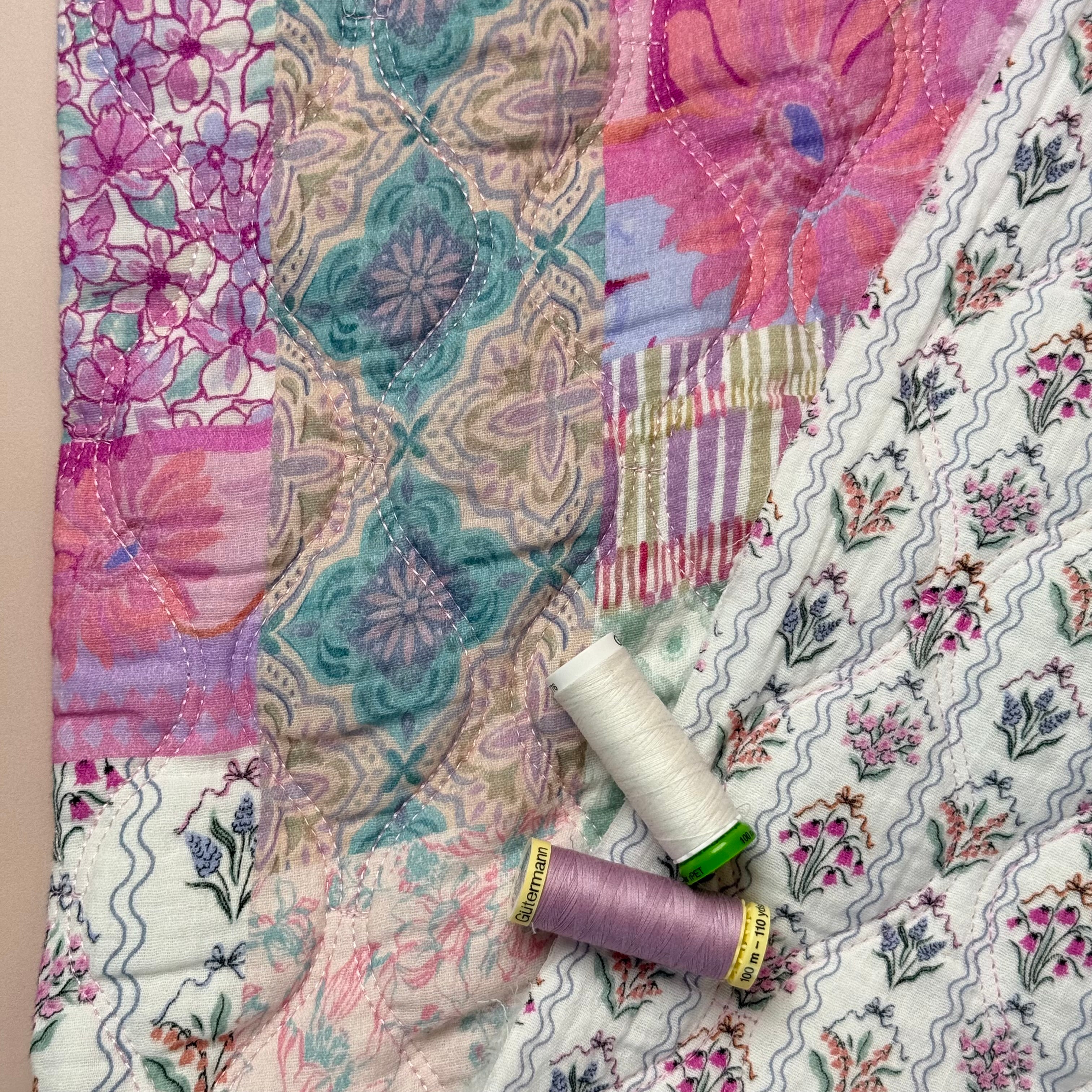 Hairloom Flowers in Pink Quilted Cotton Gauze
