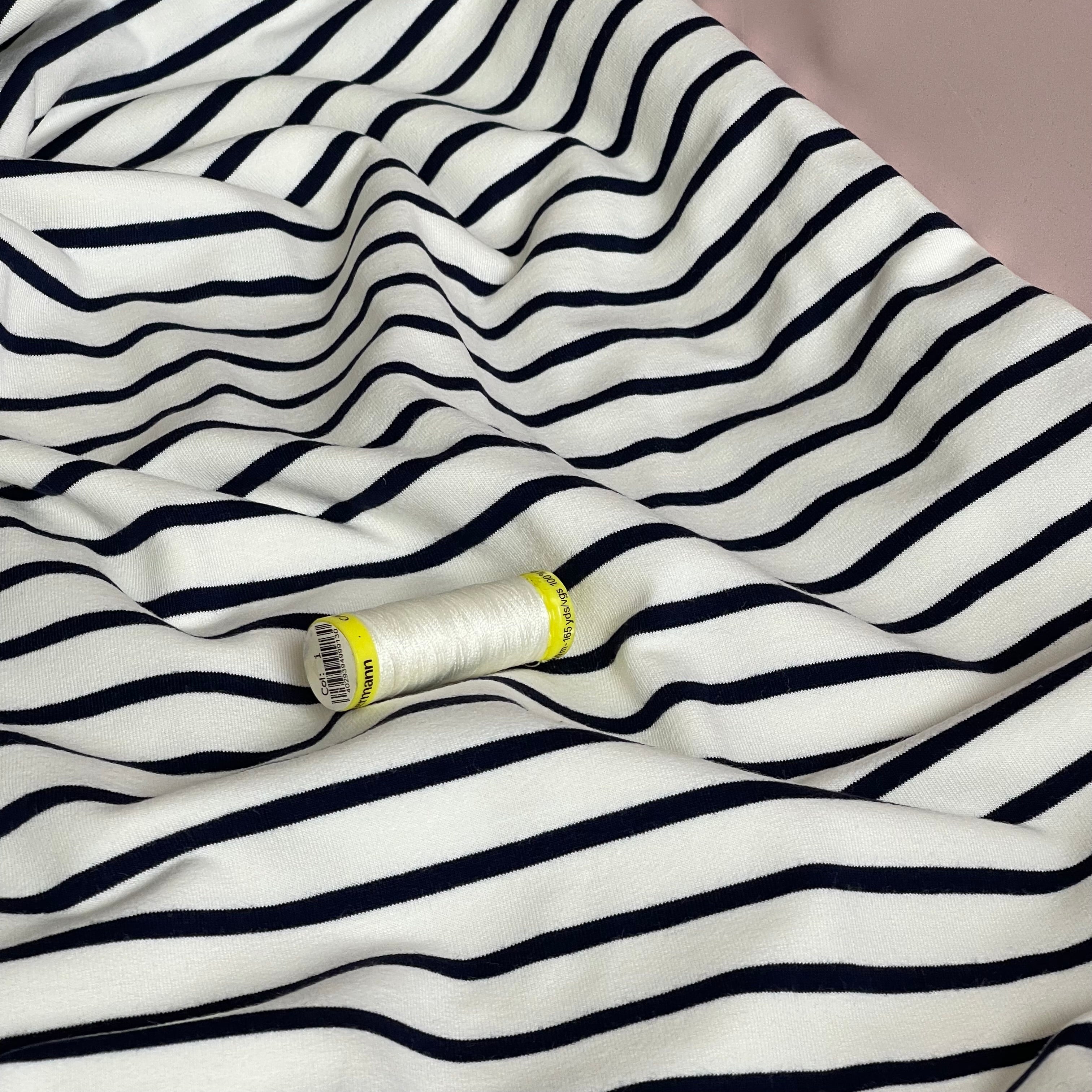 Yarn Dyed Navy Stripes on Ecru Cotton French Terry