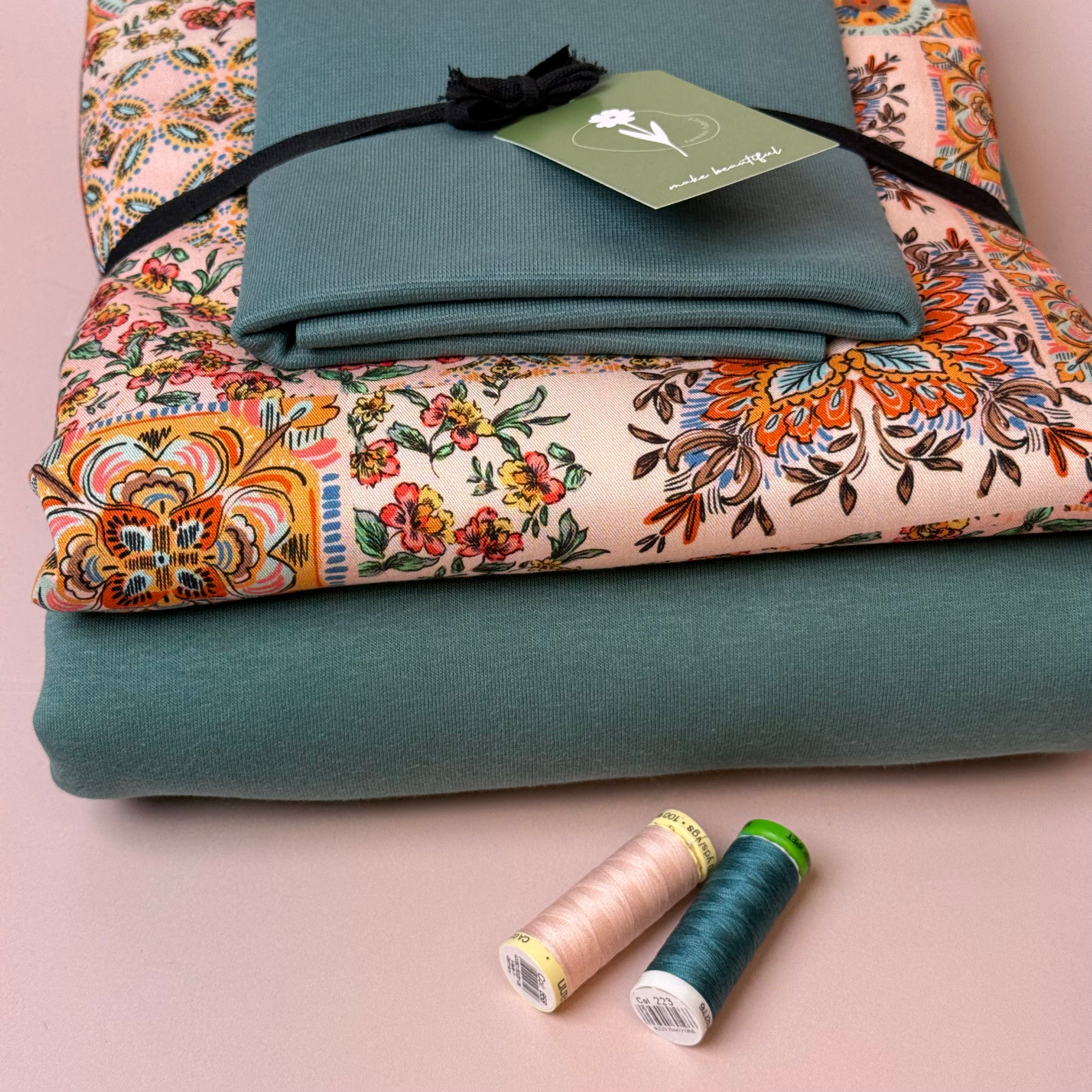 Make an Outfit Colour Bundle - Patchwork Viscose Twill & Sweatshirting in Sea Pine with Ribbing