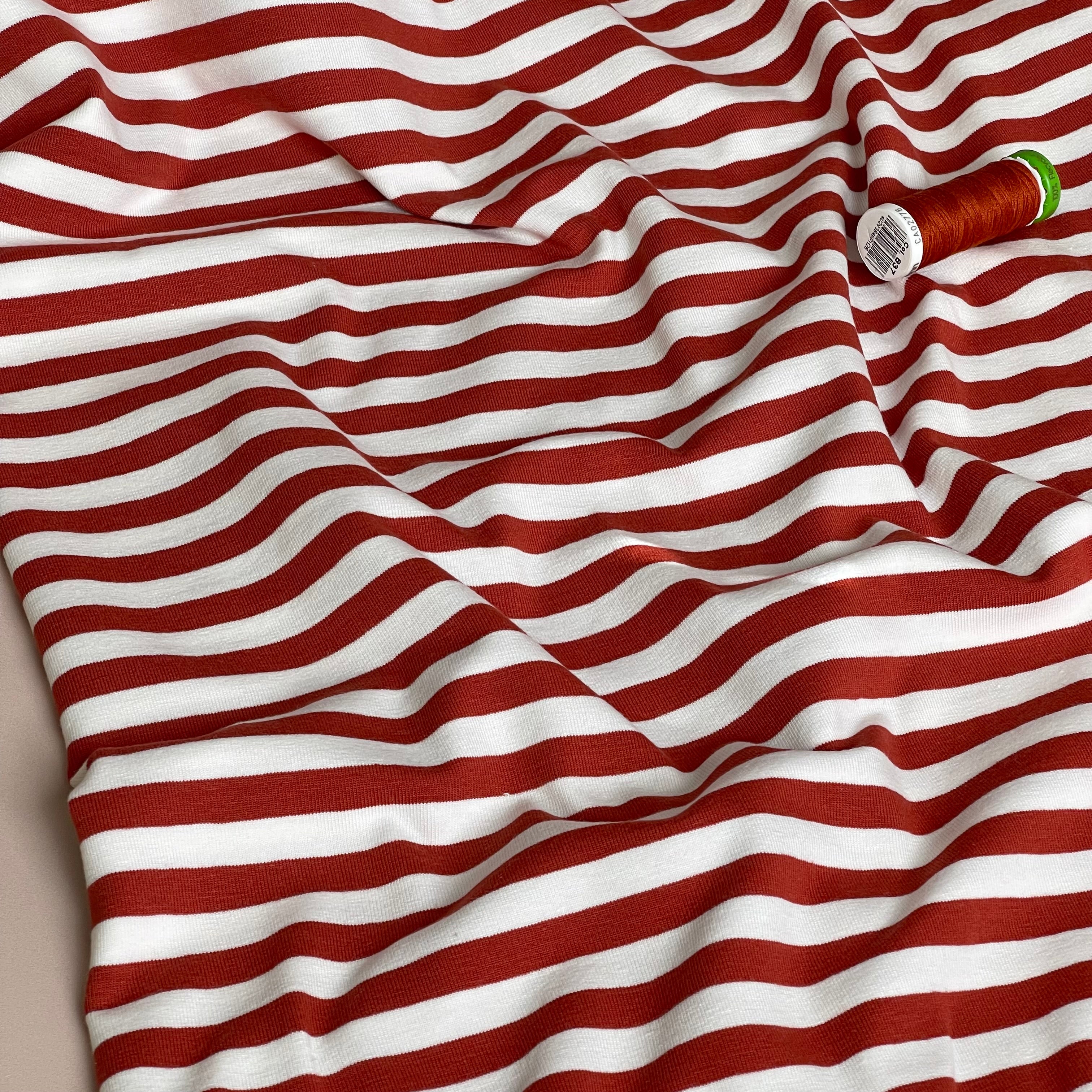 Yarn Dyed Brick Red Breton Stripe Cotton Jersey Fabric