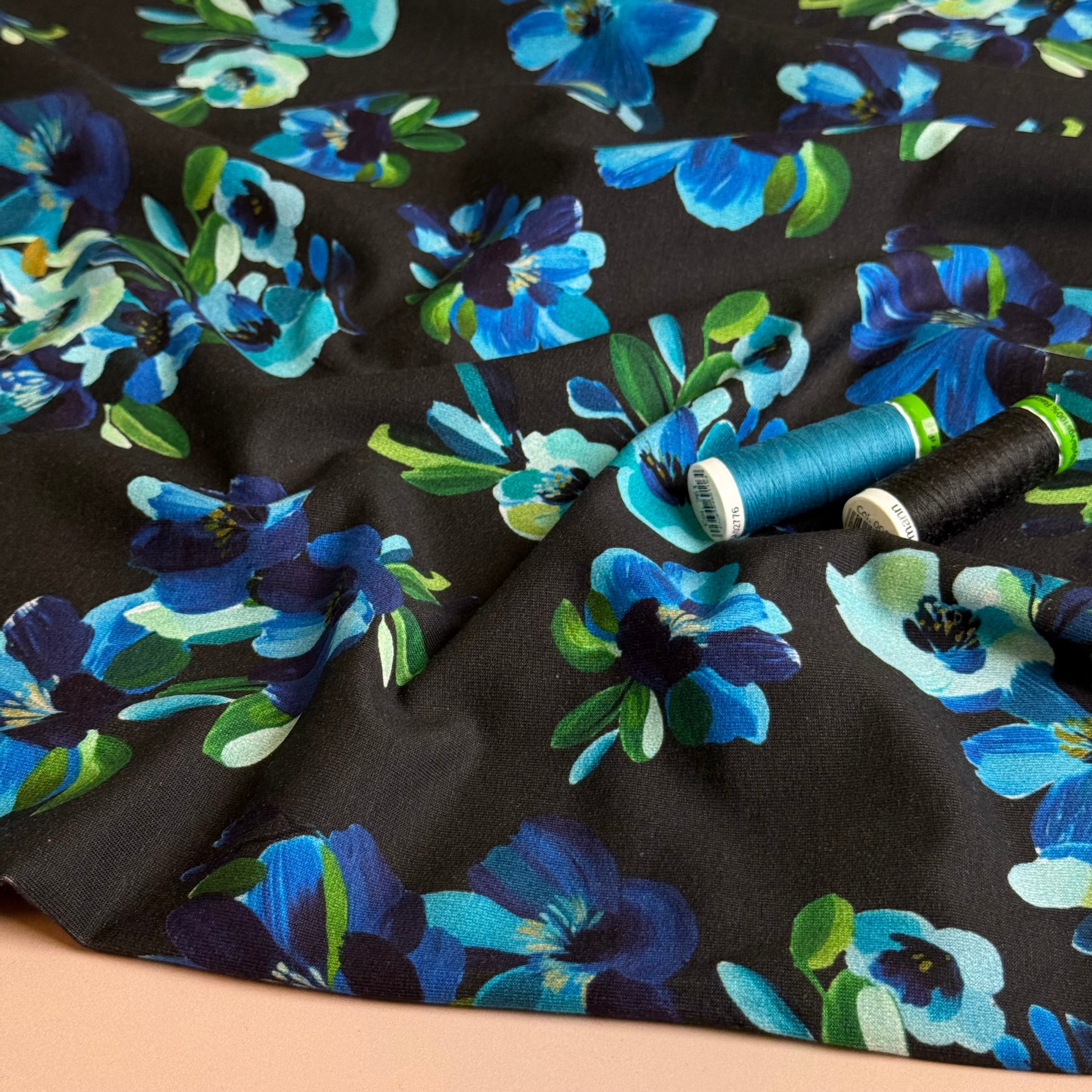 Painted Petals Black Cotton French Terry Fabric
