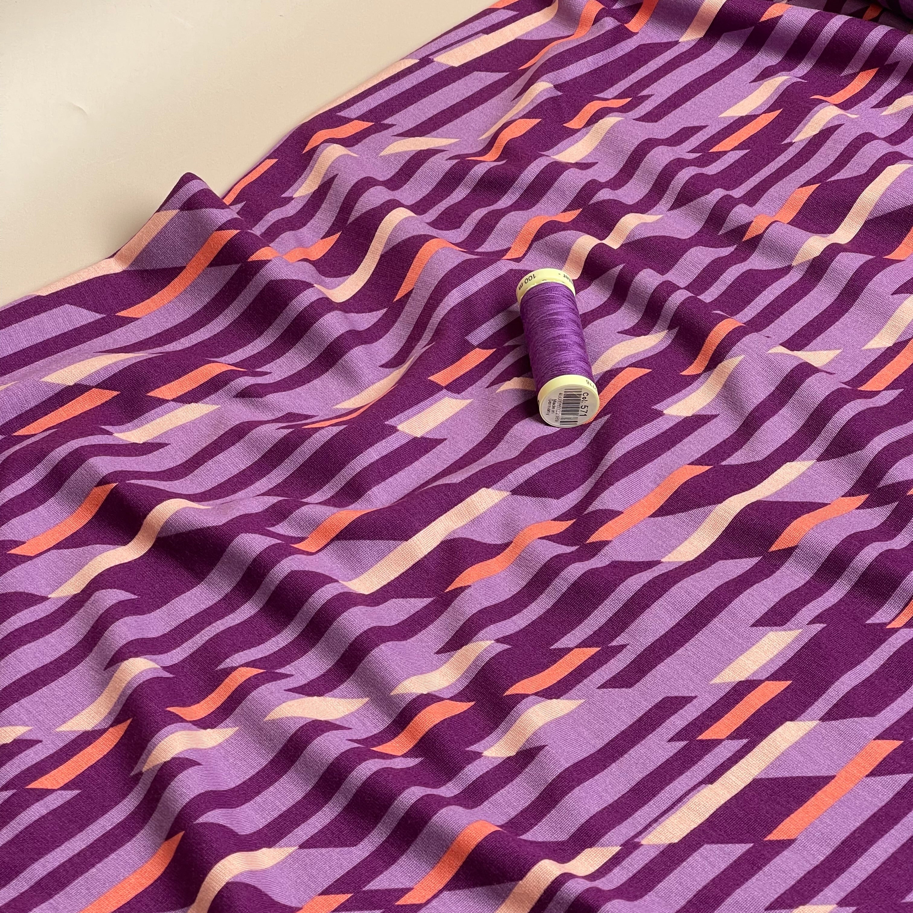 Abstract Lines Purple Viscose Ponte Roma Double Knit Fabric