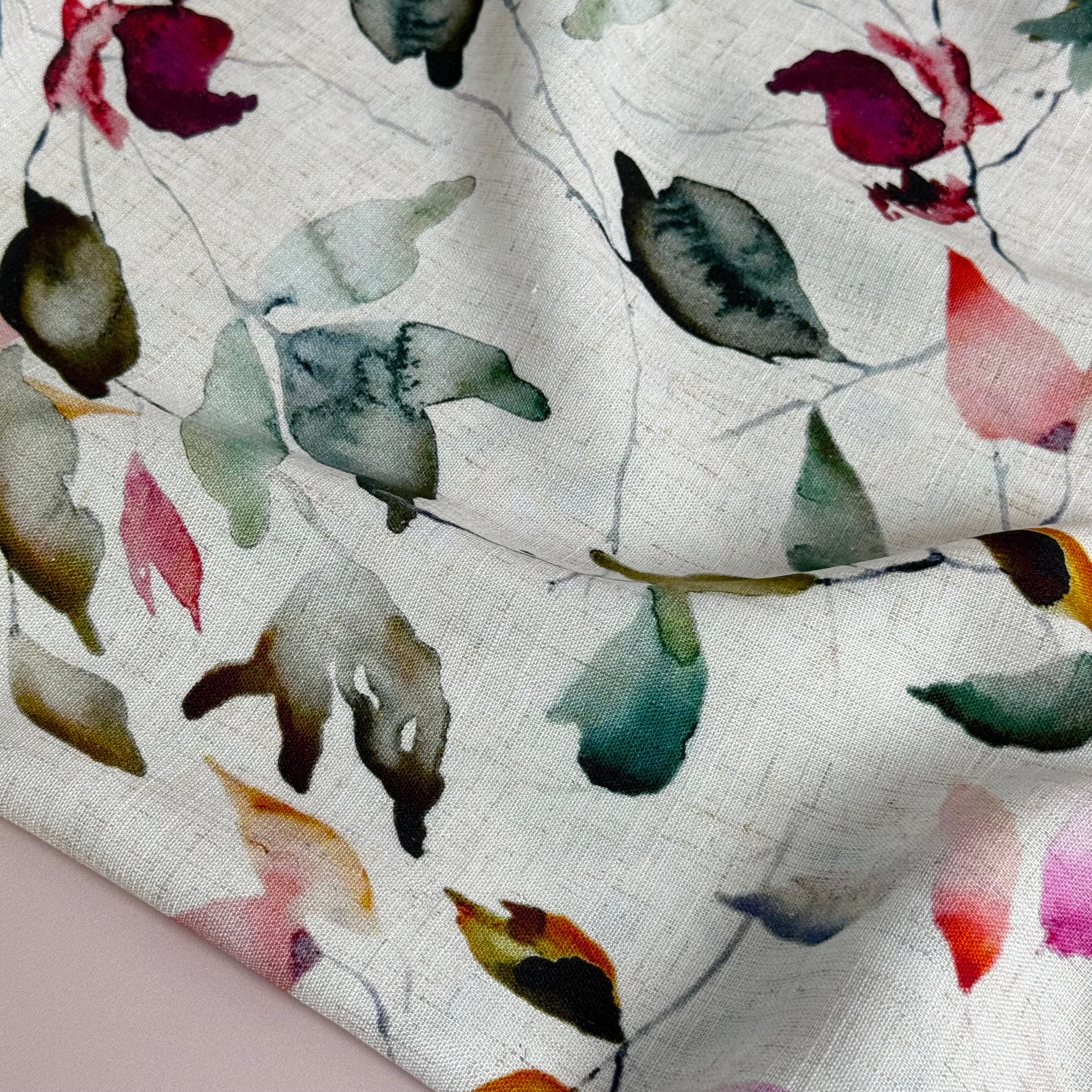Watercolour Leaves Viscose Linen Fabric