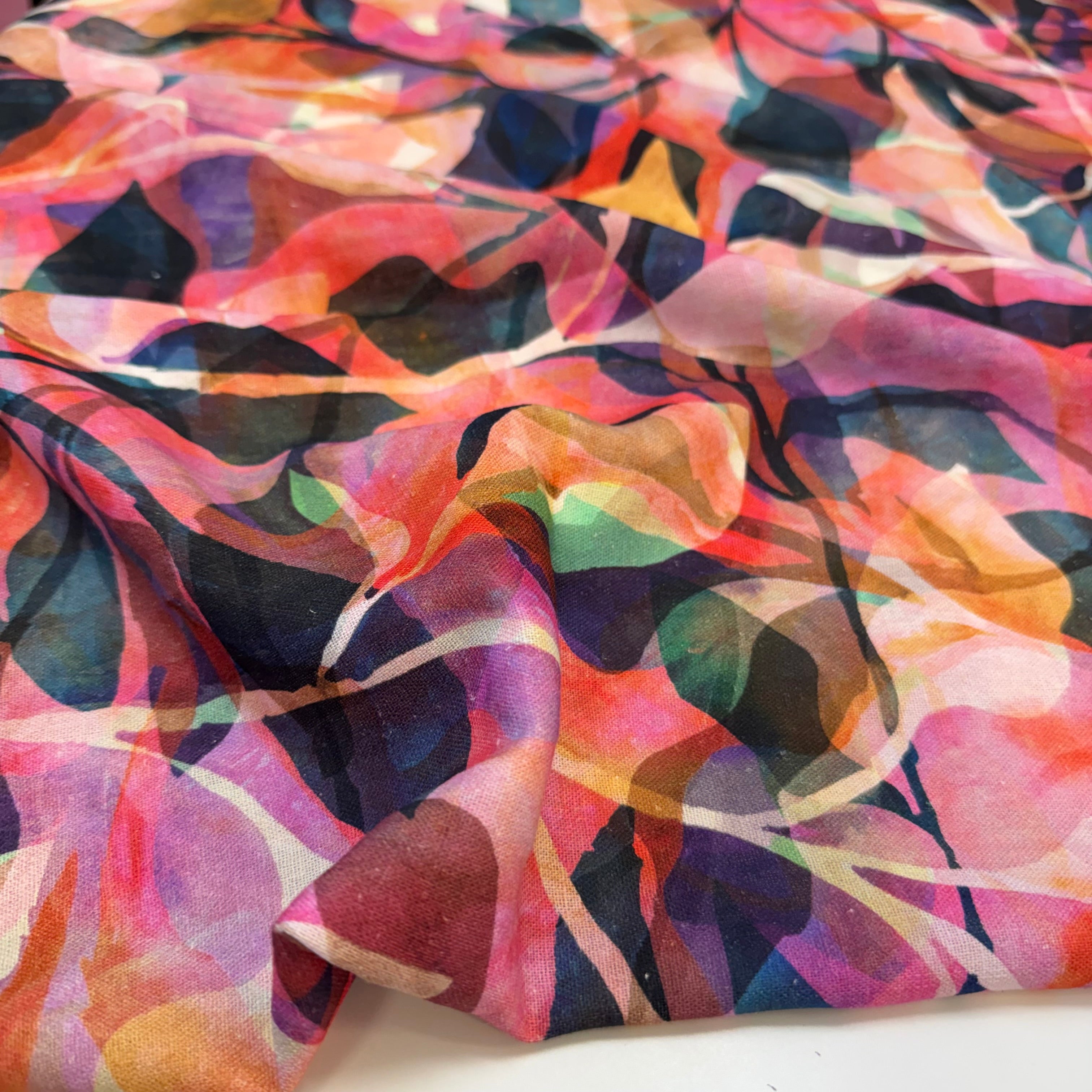Painted Foliage Coral Pink Linen Viscose Blend Fabric