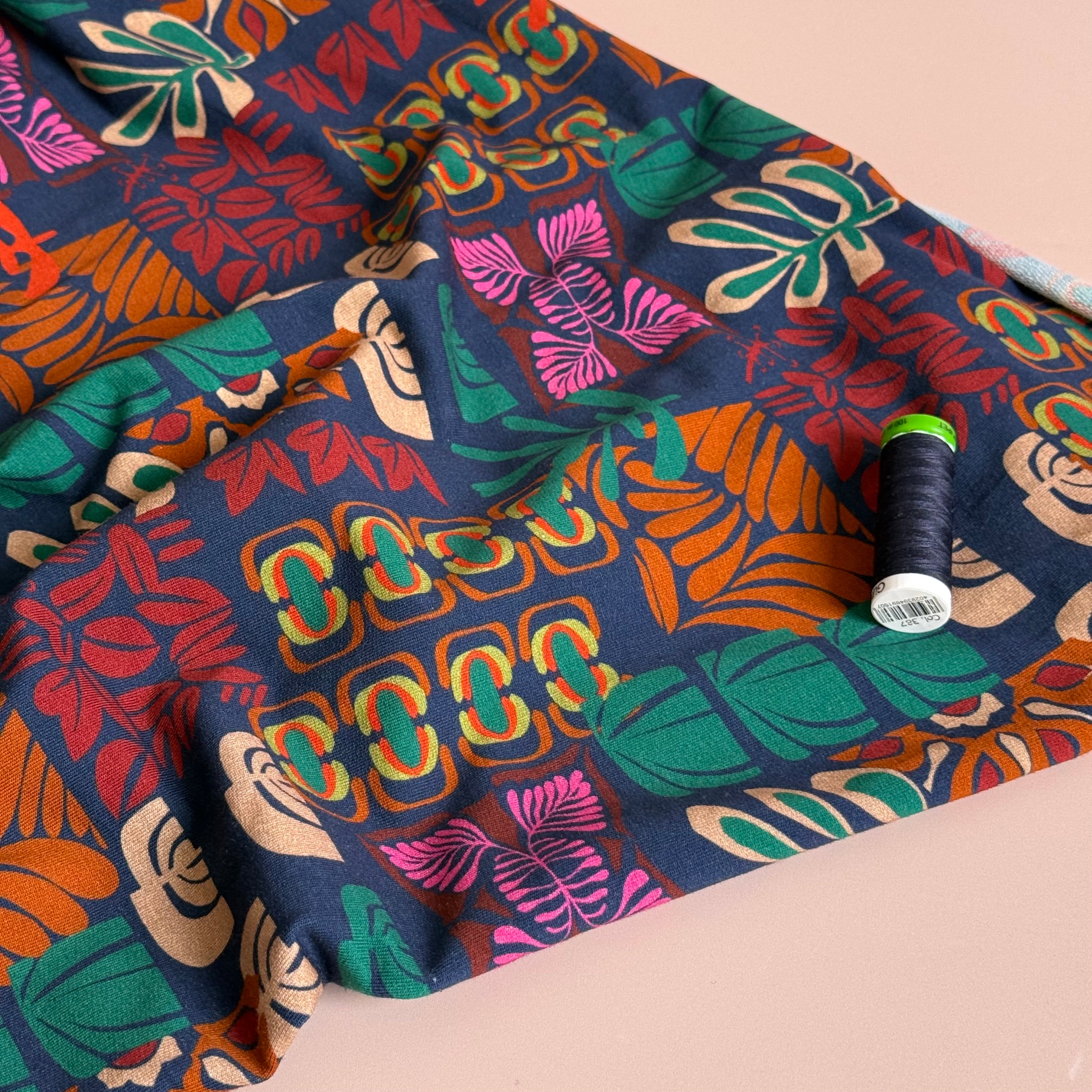 Autumn Shapes on Navy Cotton French Terry Fabricn
