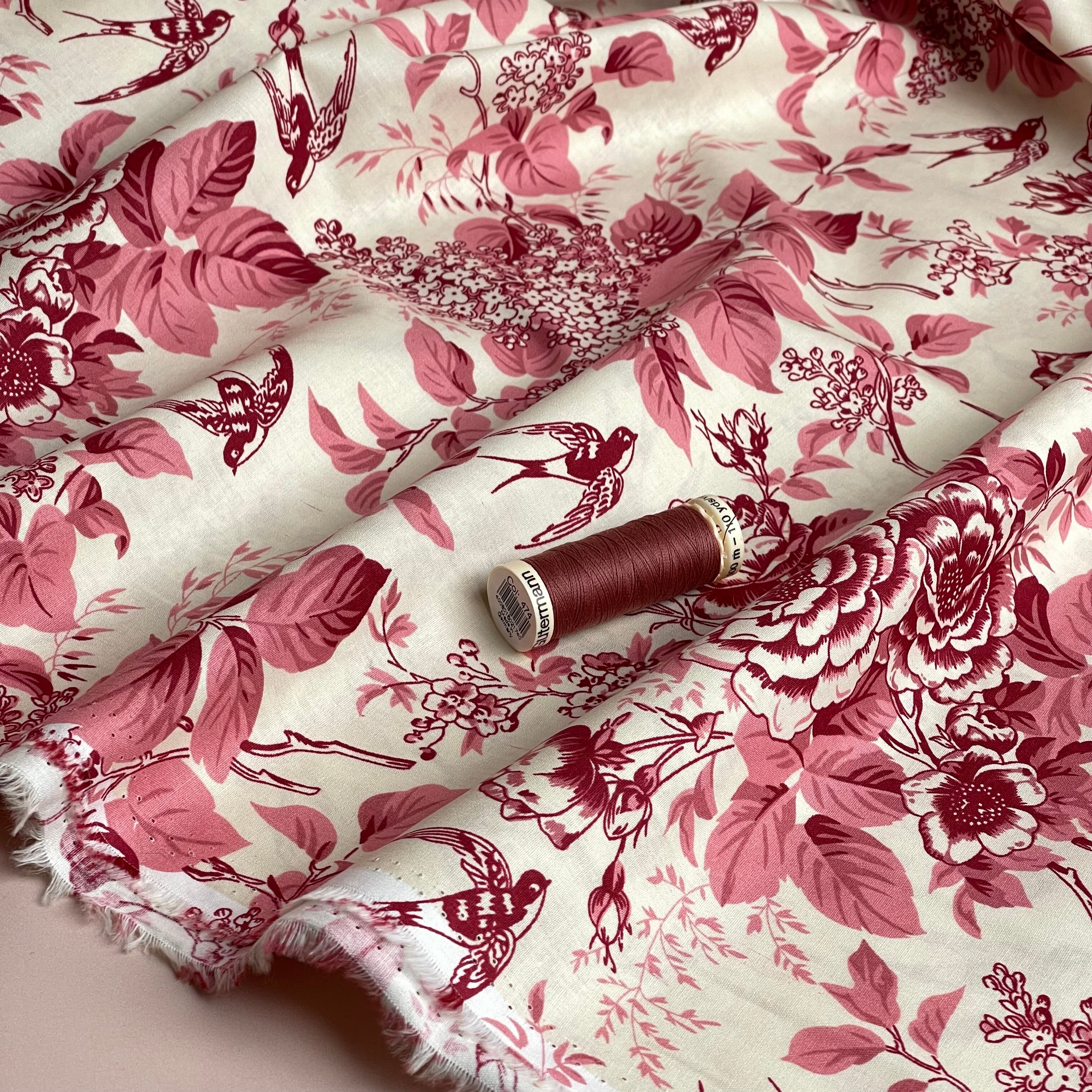 Toile De Jouy Birds in Pink Cotton Poplin