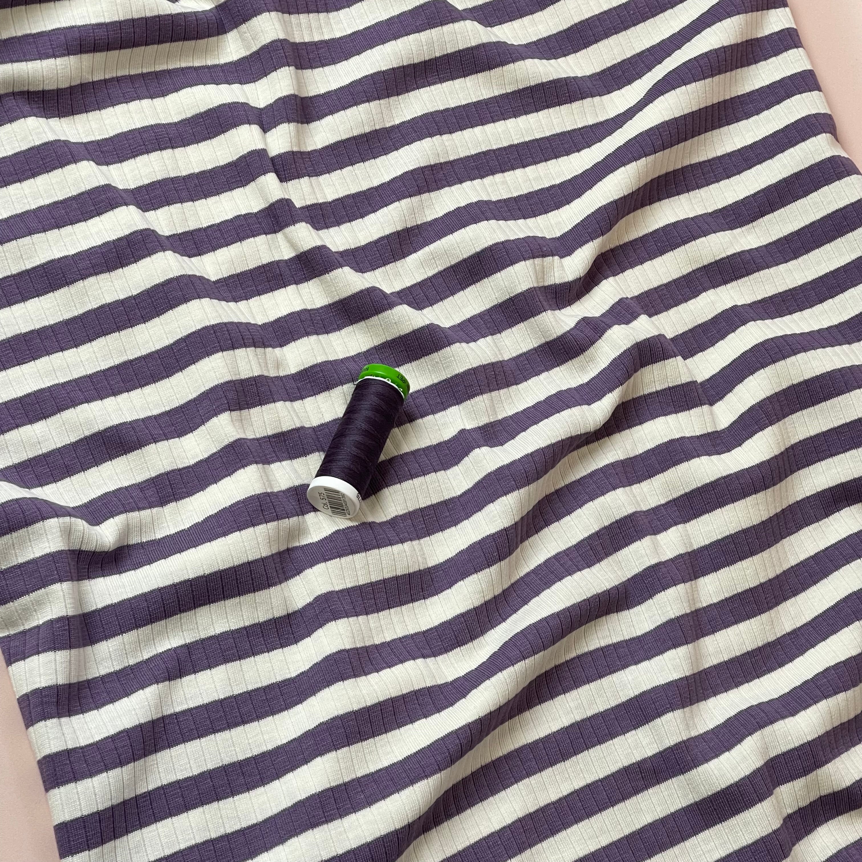 Yarn Dyed Striped Cotton Ribbed Jersey in Lavender and White