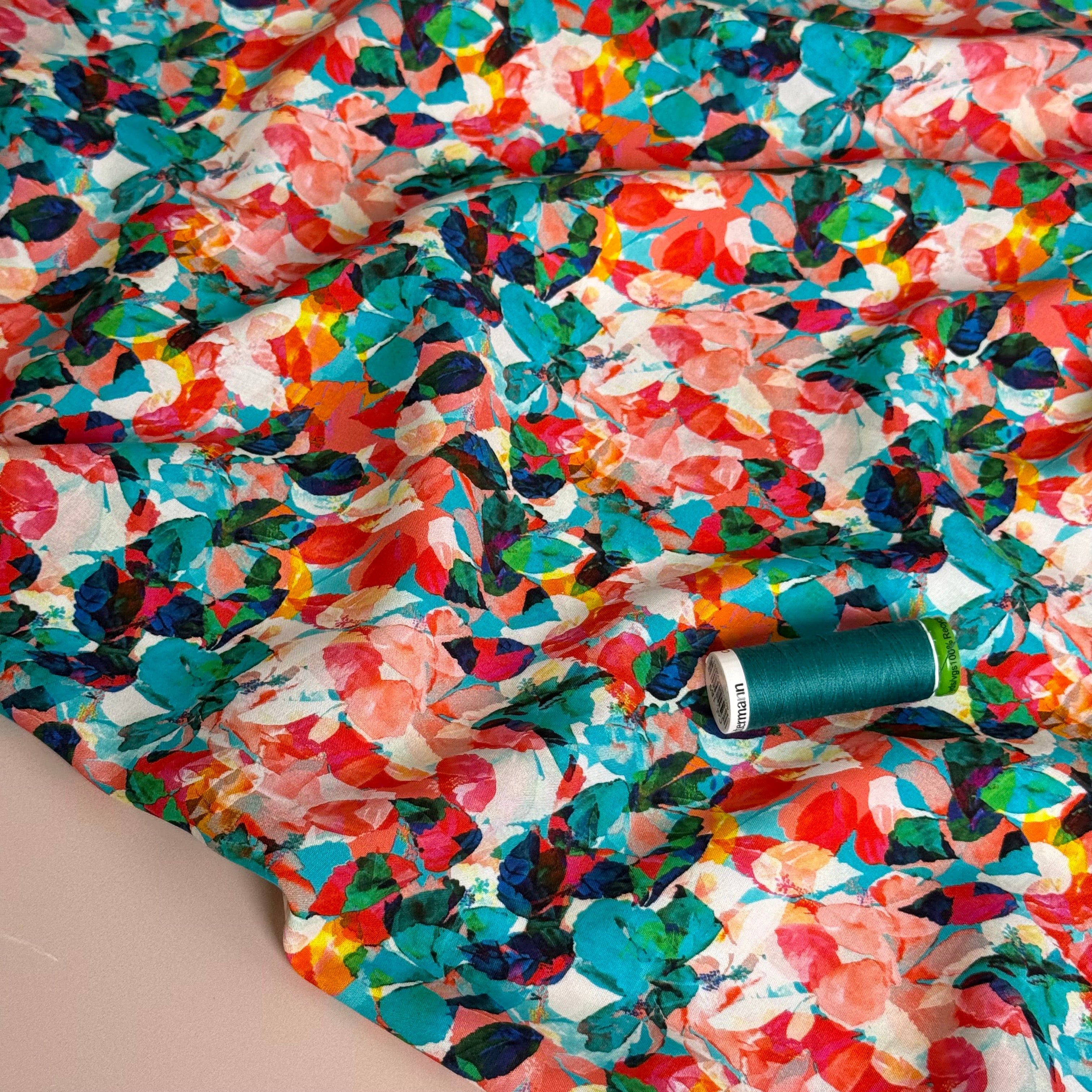 Teal Foliage Viscose Poplin Fabric