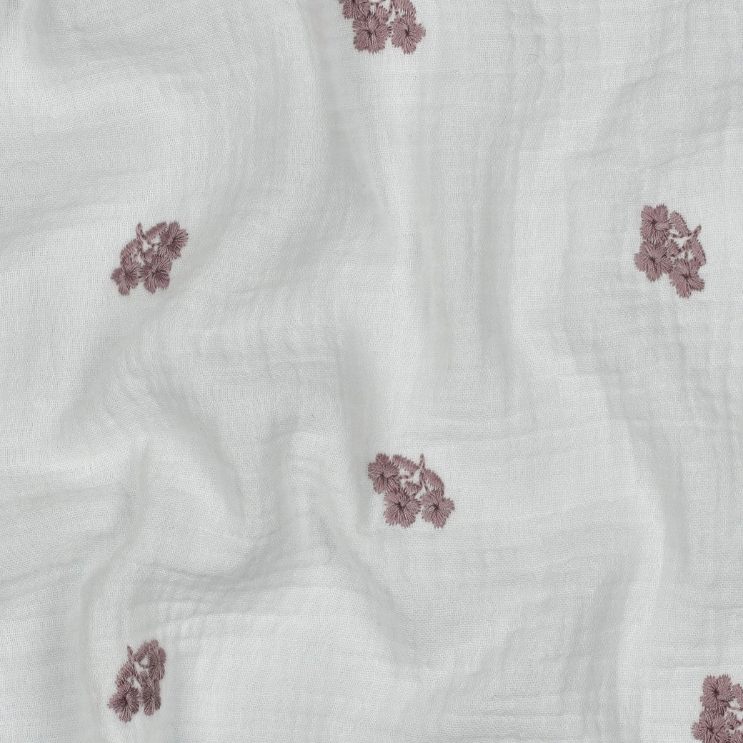 Embroidered Pink Flowers on White Cotton Double Gauze