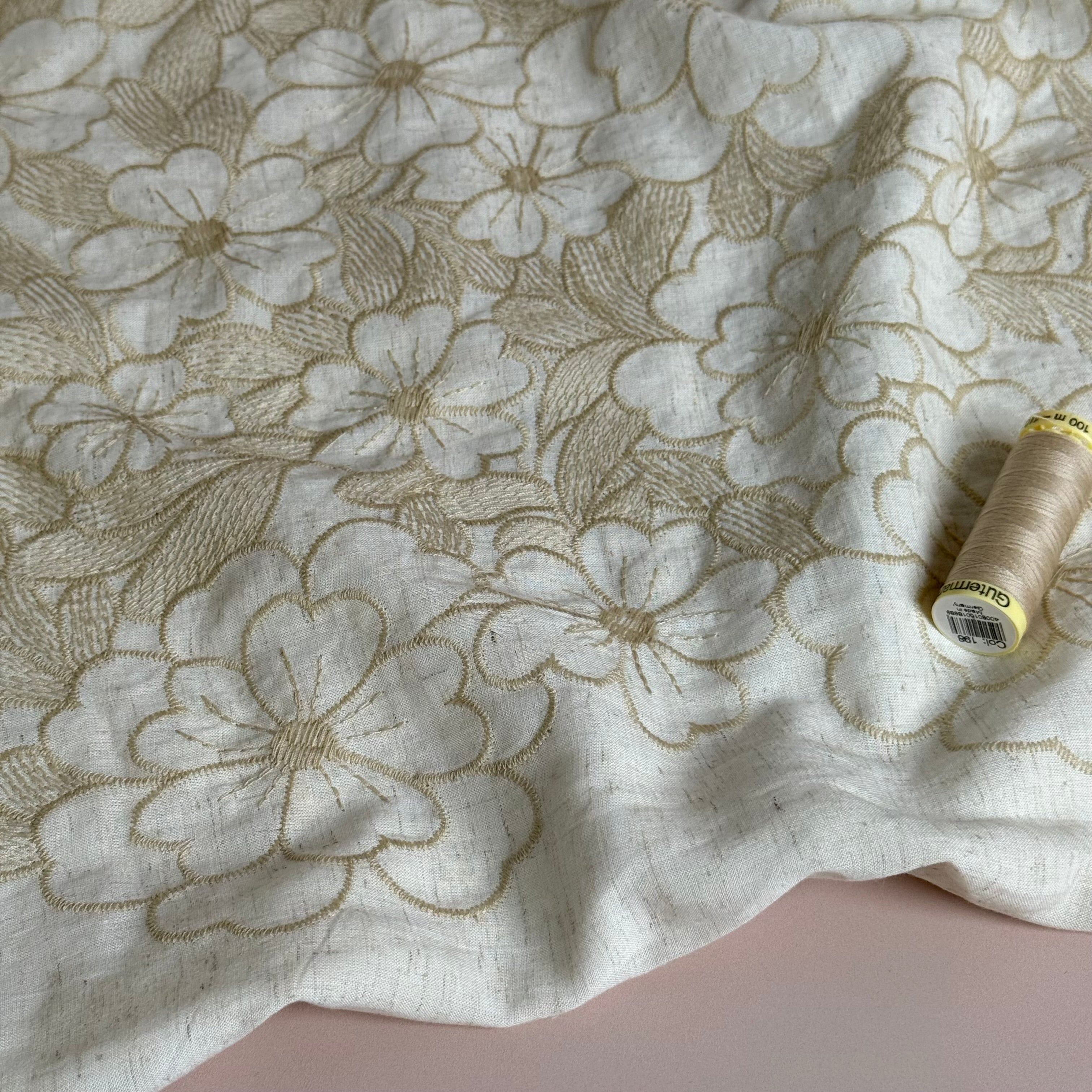 PRE-ORDER (arriving by end of May) Embroidered Flowers on Natural Cotton Fabric