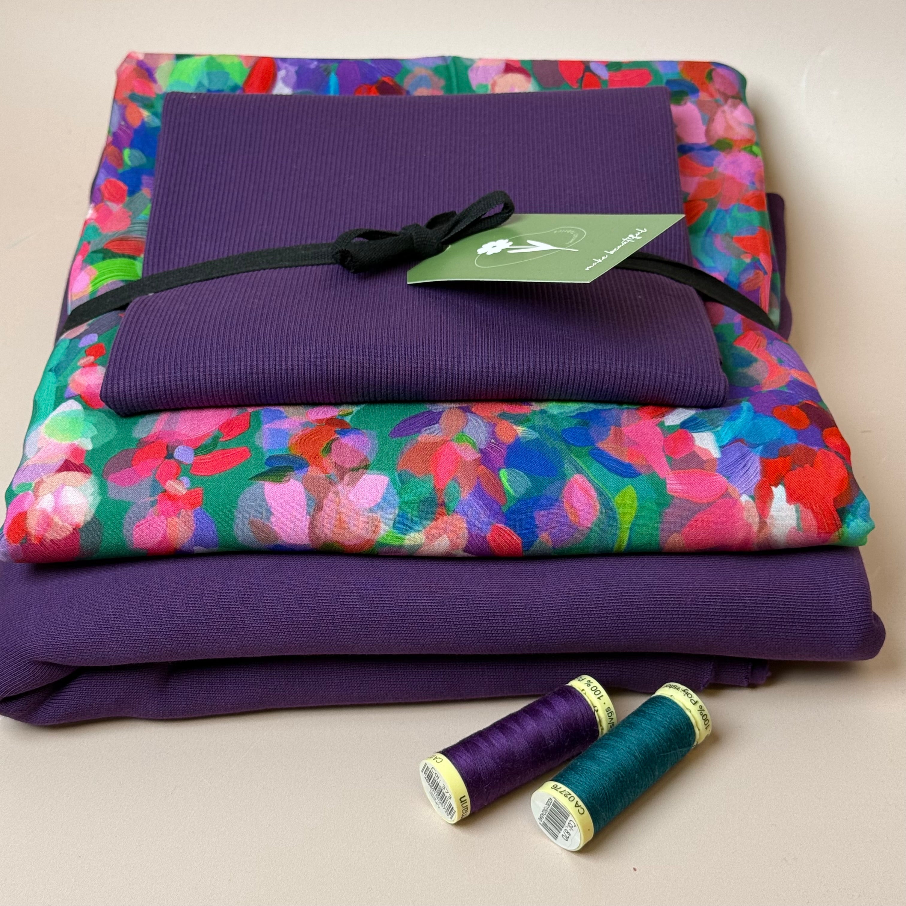 Make an Outfit Colour Bundle - Lupine Petals Viscose & Brushed Sweatshirt in Plum with Ribbing