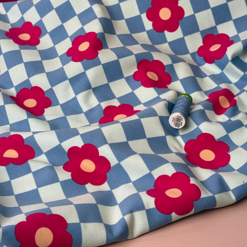 Gingham Flowers Blue Soft Cotton Sweat-shirting Fabric