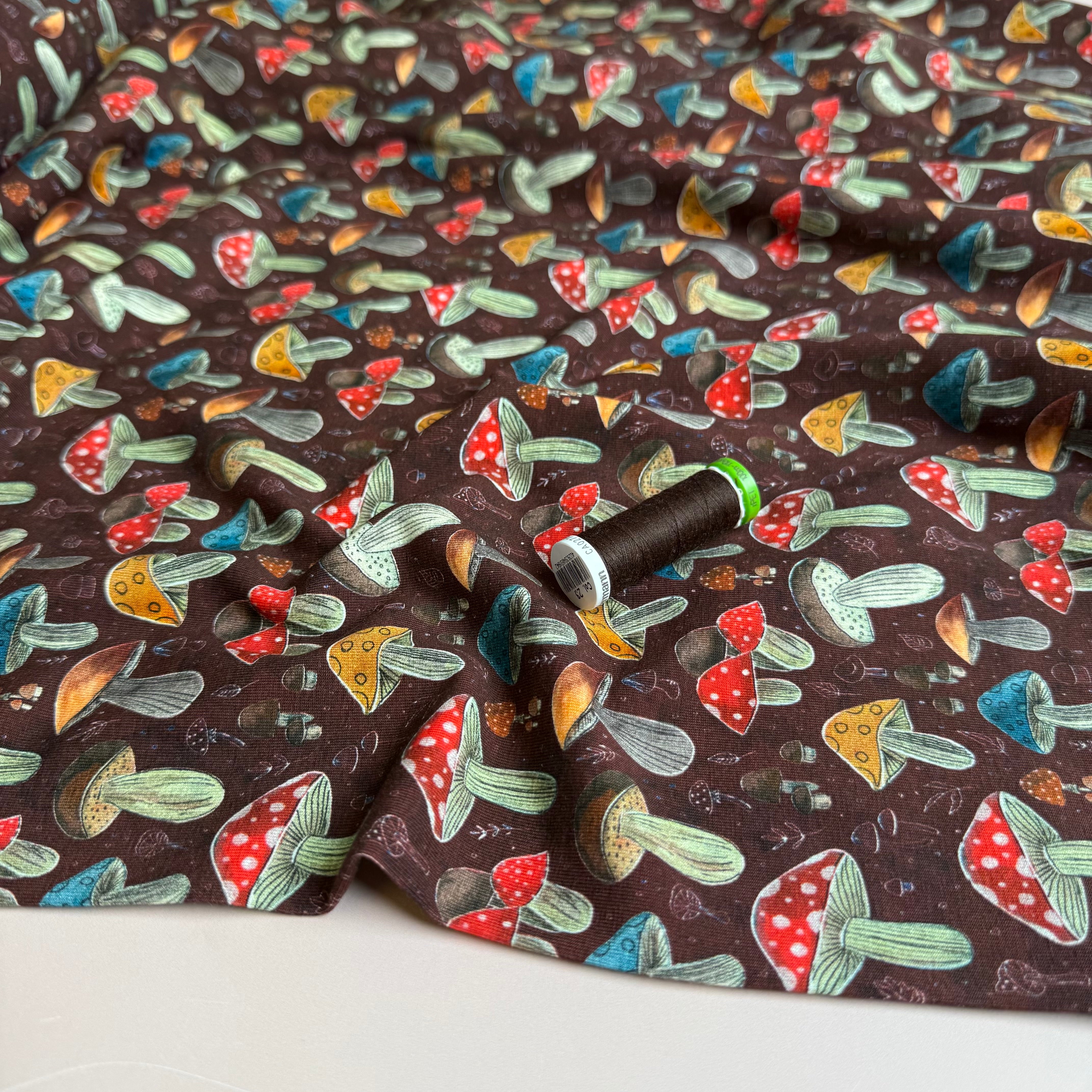 Colourful Mushrooms Brown Cotton Jersey Fabric