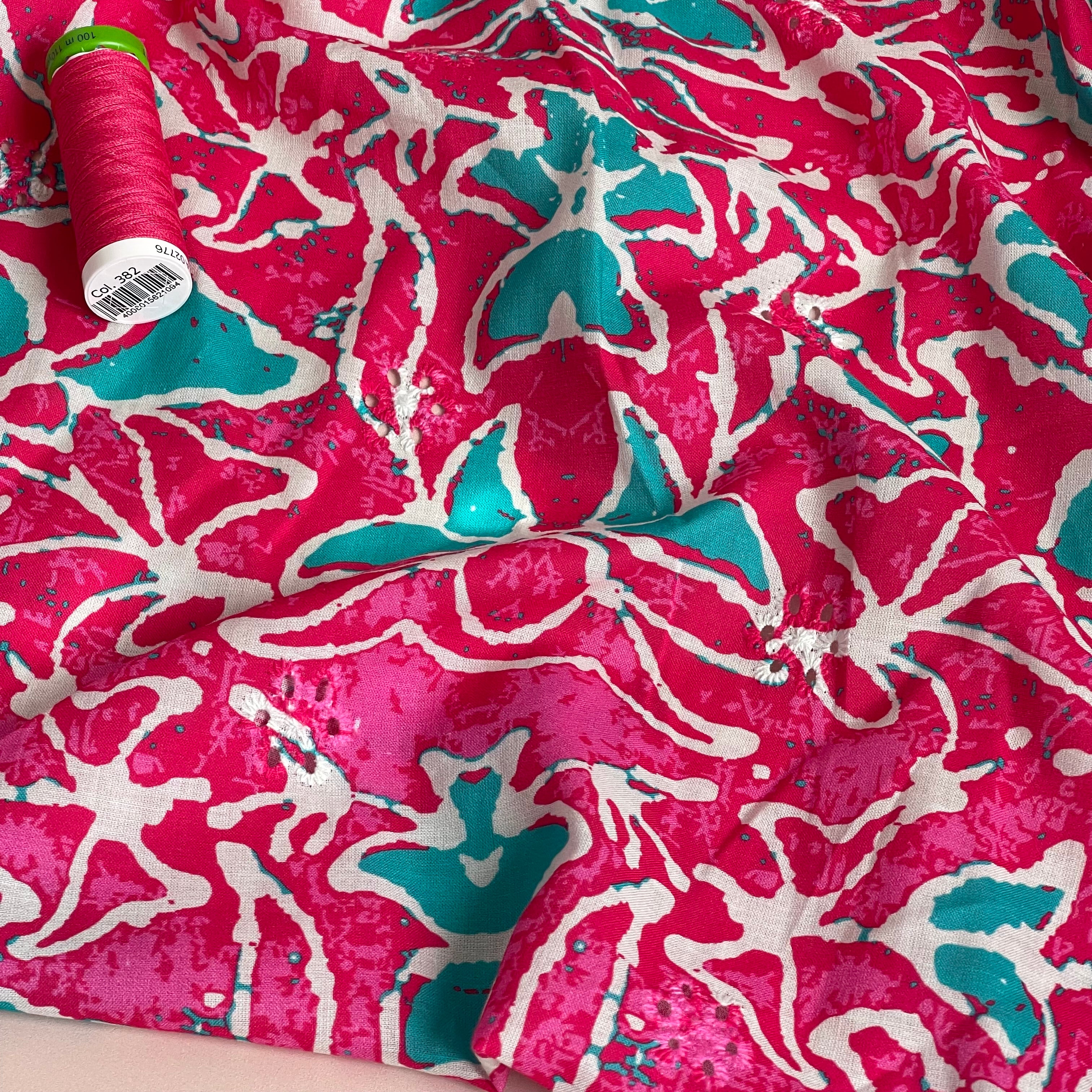 Abstract Flowers on Fuchsia Scalloped Embroidered Cotton Fabric