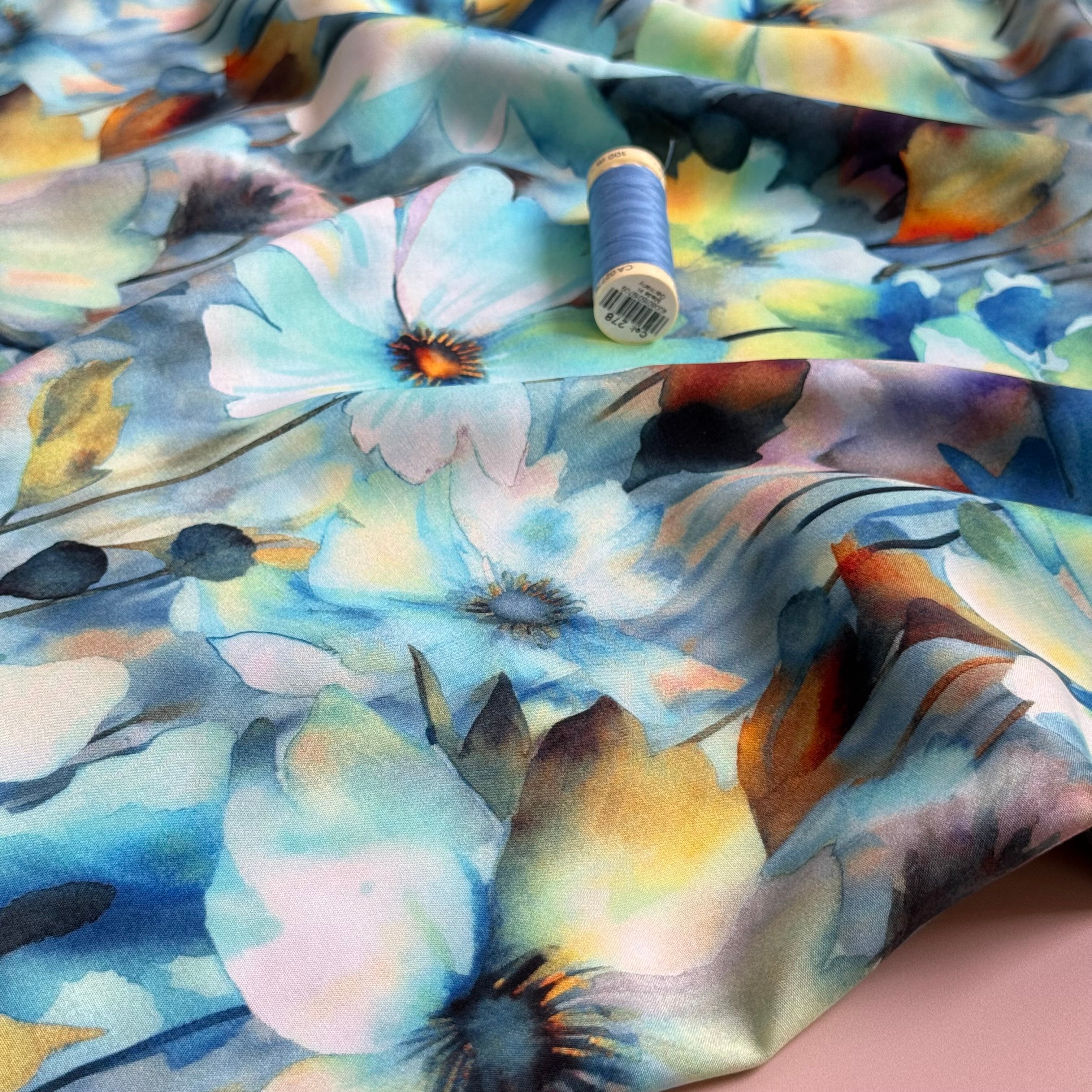 Ocean Watercolour Poppies in Blue Viscose Poplin Fabric