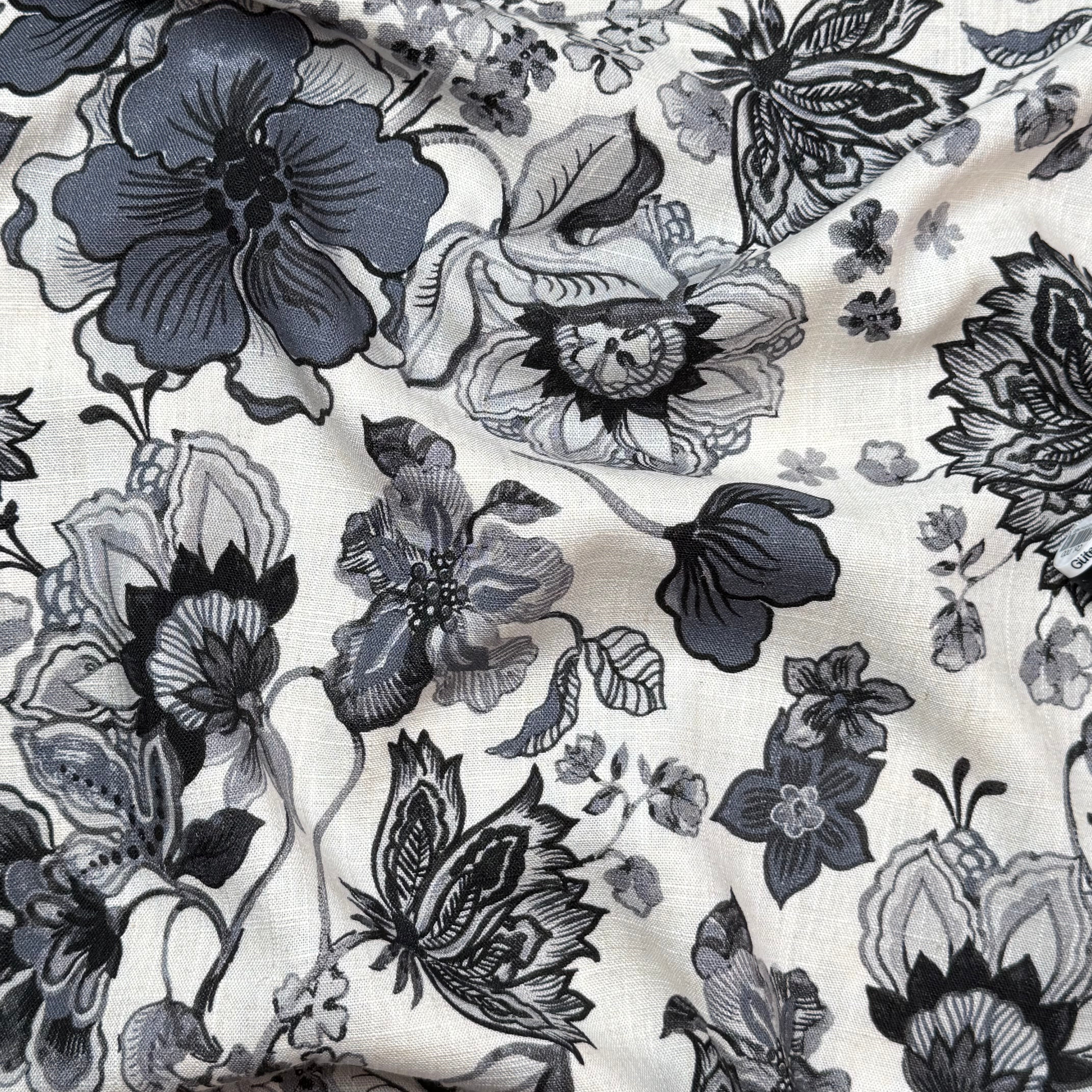 Henna Flowers Charcoal Grey Viscose Linen Fabric