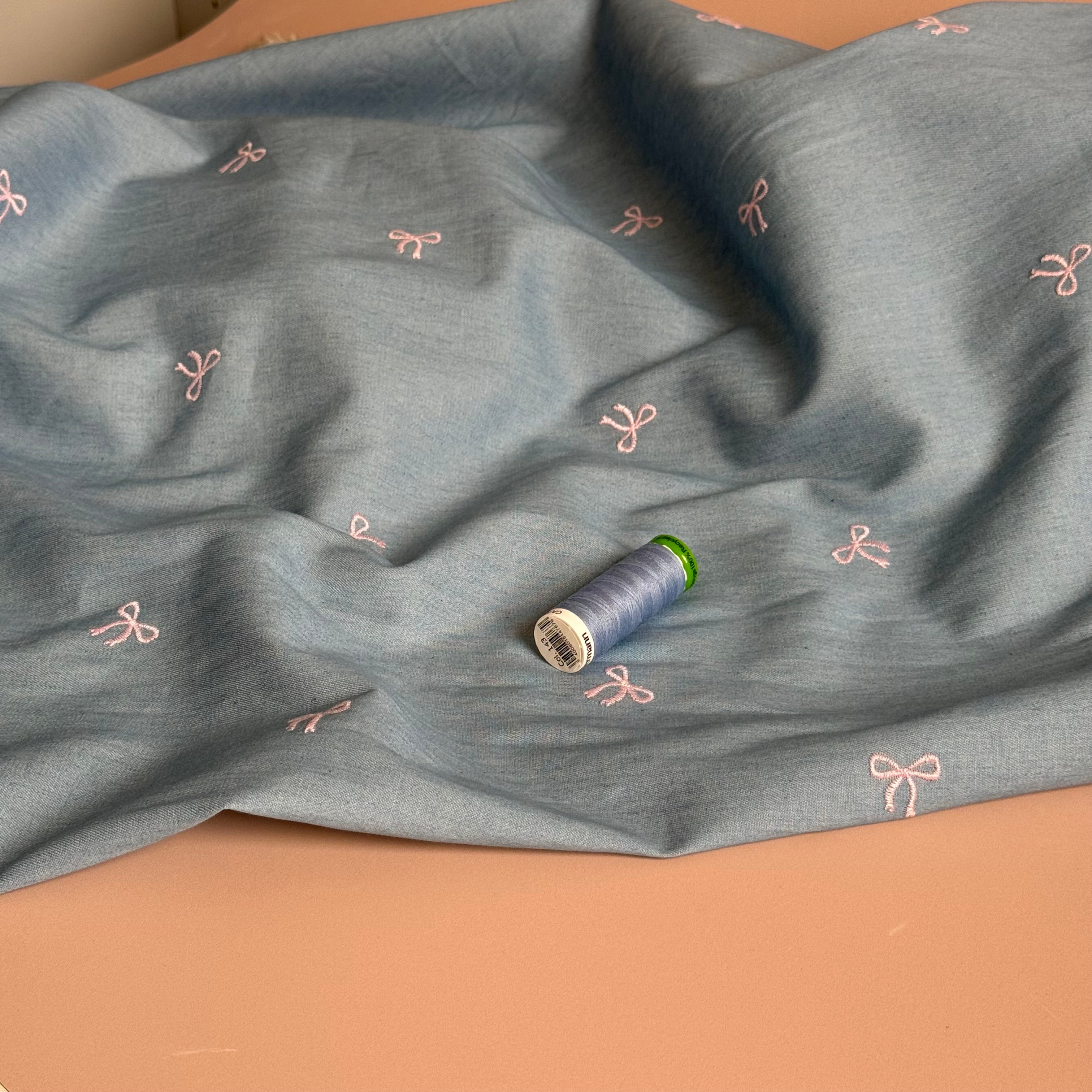 Pretty Bows Embroidered on Lightweight Denim Fabric