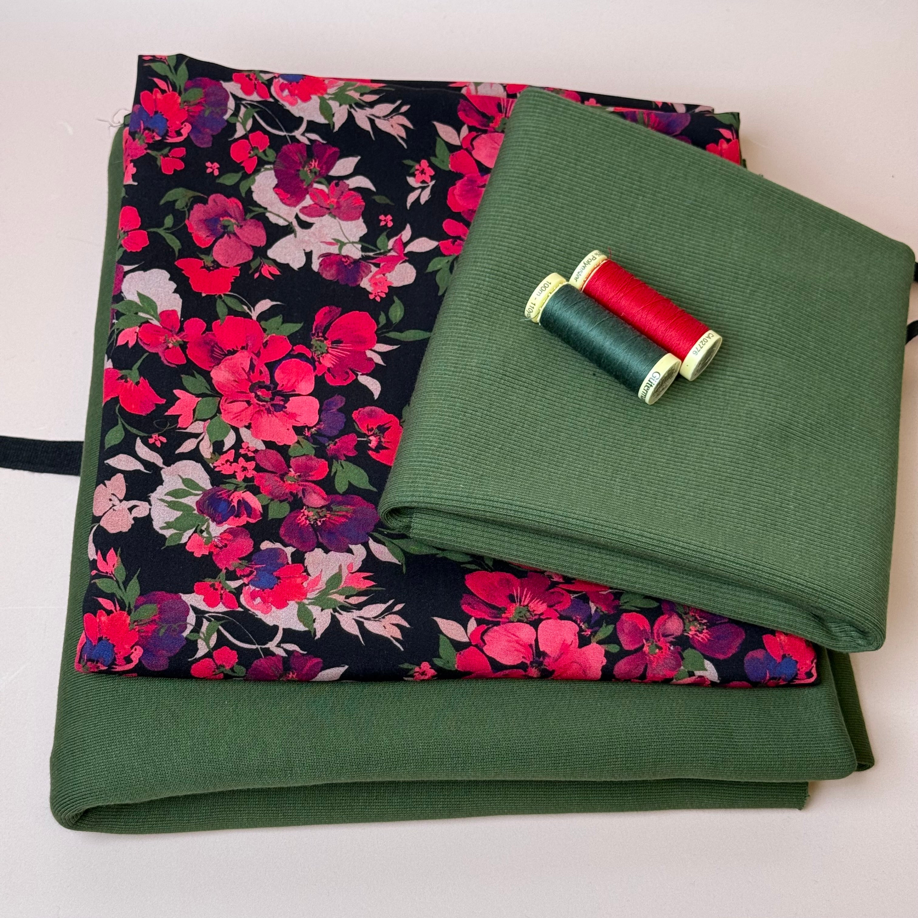 Make an Outfit Colour Bundle - Rosehip Viscose & Brushed Sweatshirt in Green Khaki with Ribbing