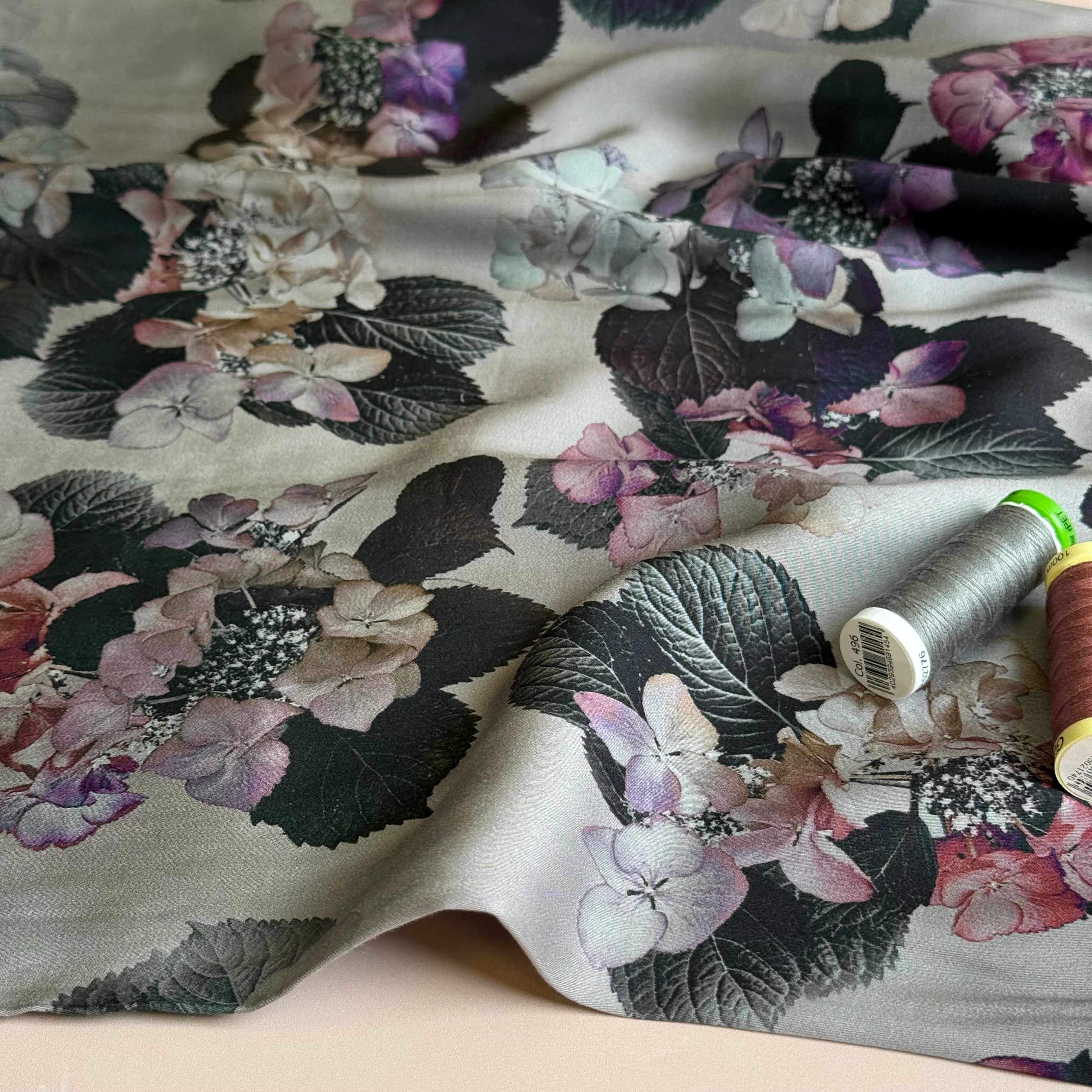 Hydrangeas on Silver Viscose Sateen Fabric