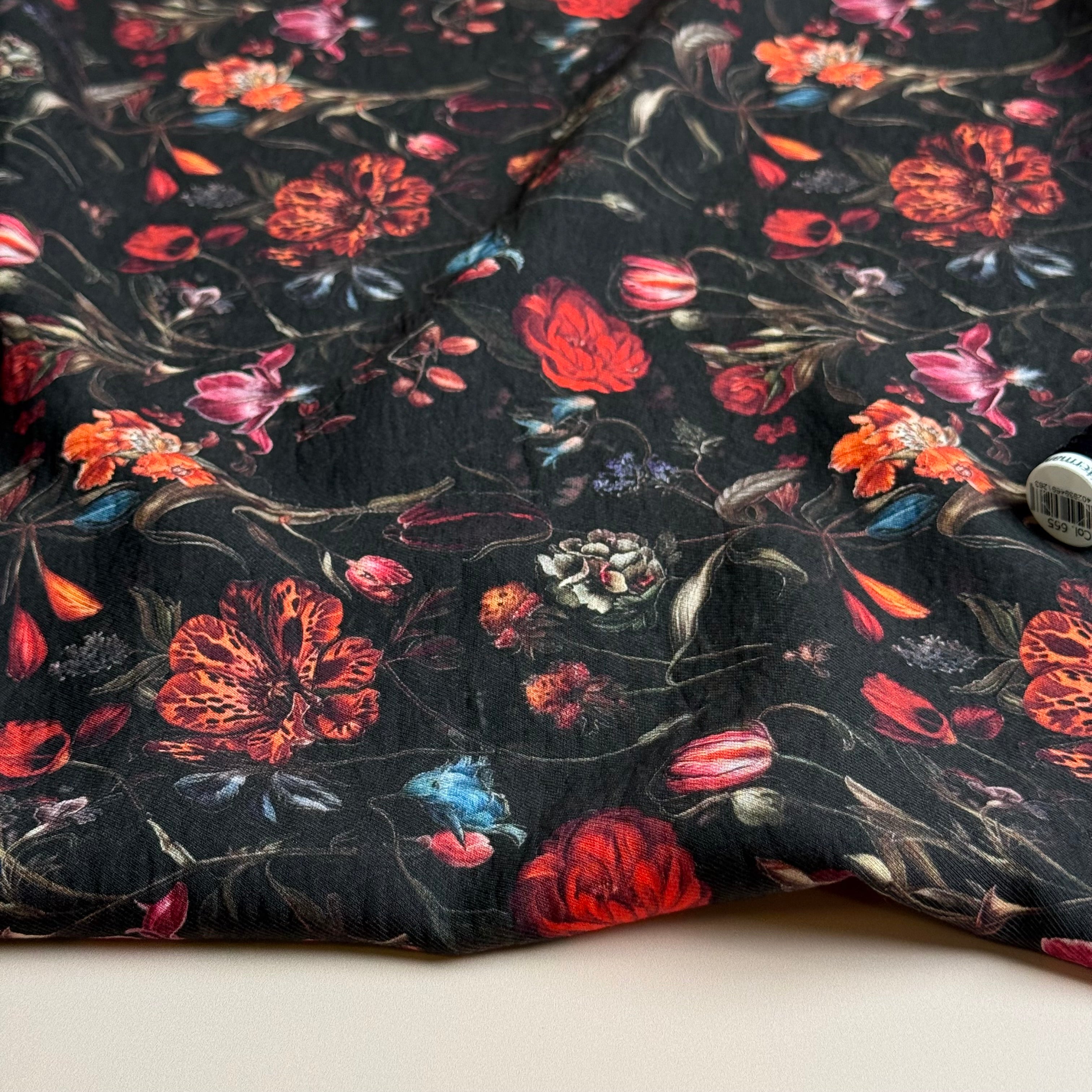 Winter Flowers Black Fine Viscose Twill