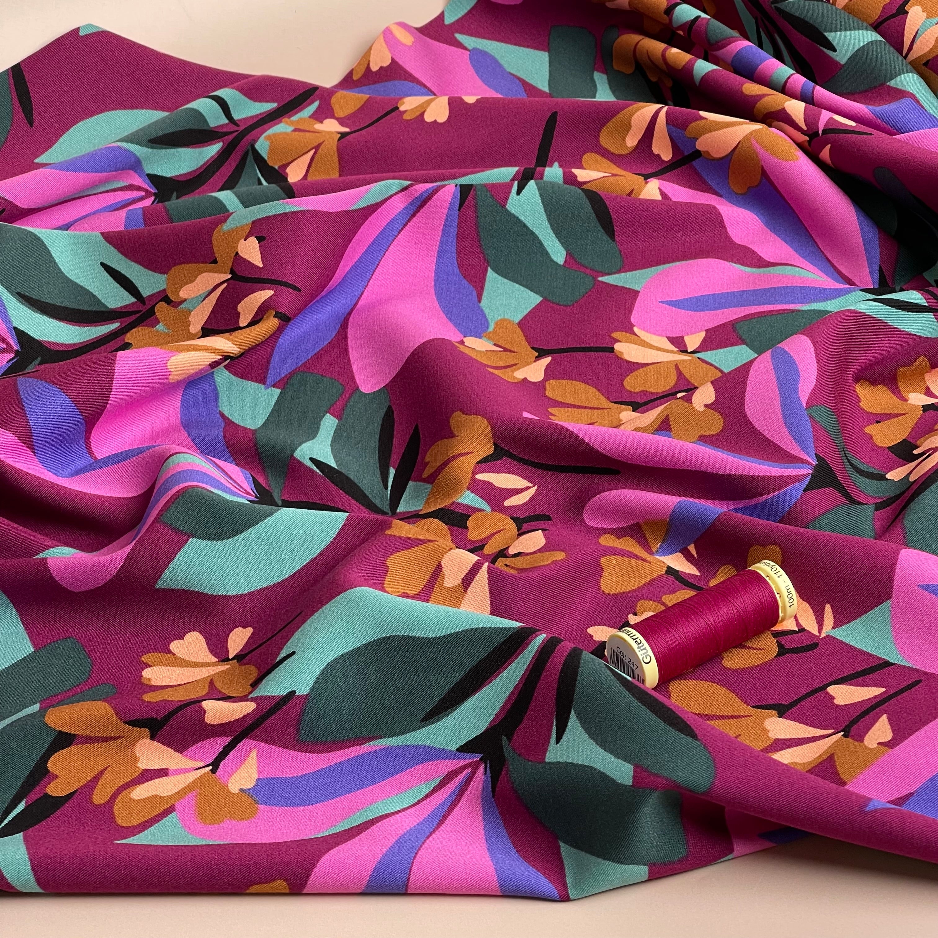 REMNANT 1.66 Metres - Nerida Hansen - Rosella Spring Garden on Plum Stretch Viscose Twill Fabric