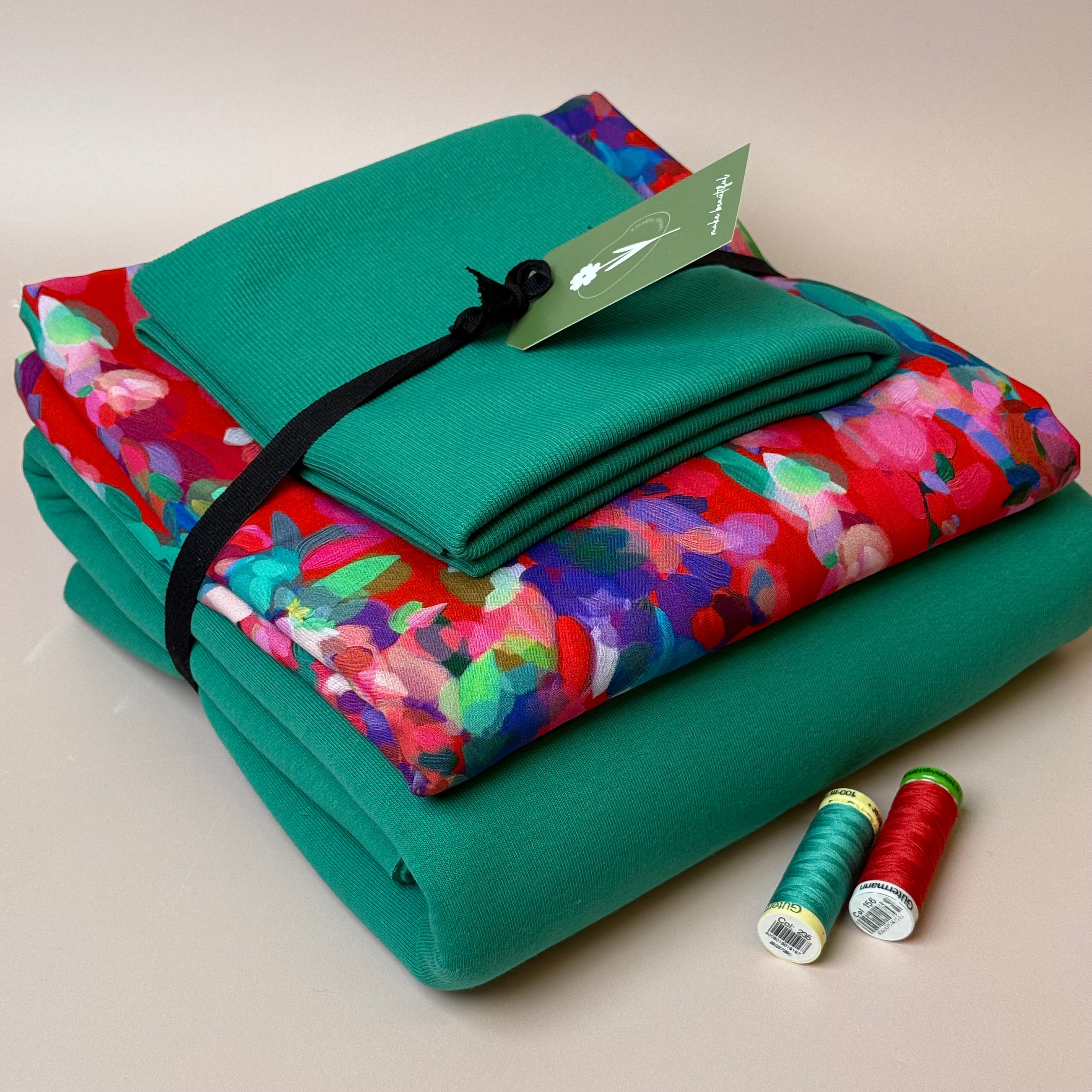 Make an Outfit Colour Bundle - Lupine Petals & Sweatshirting in Jolly Green with Ribbing