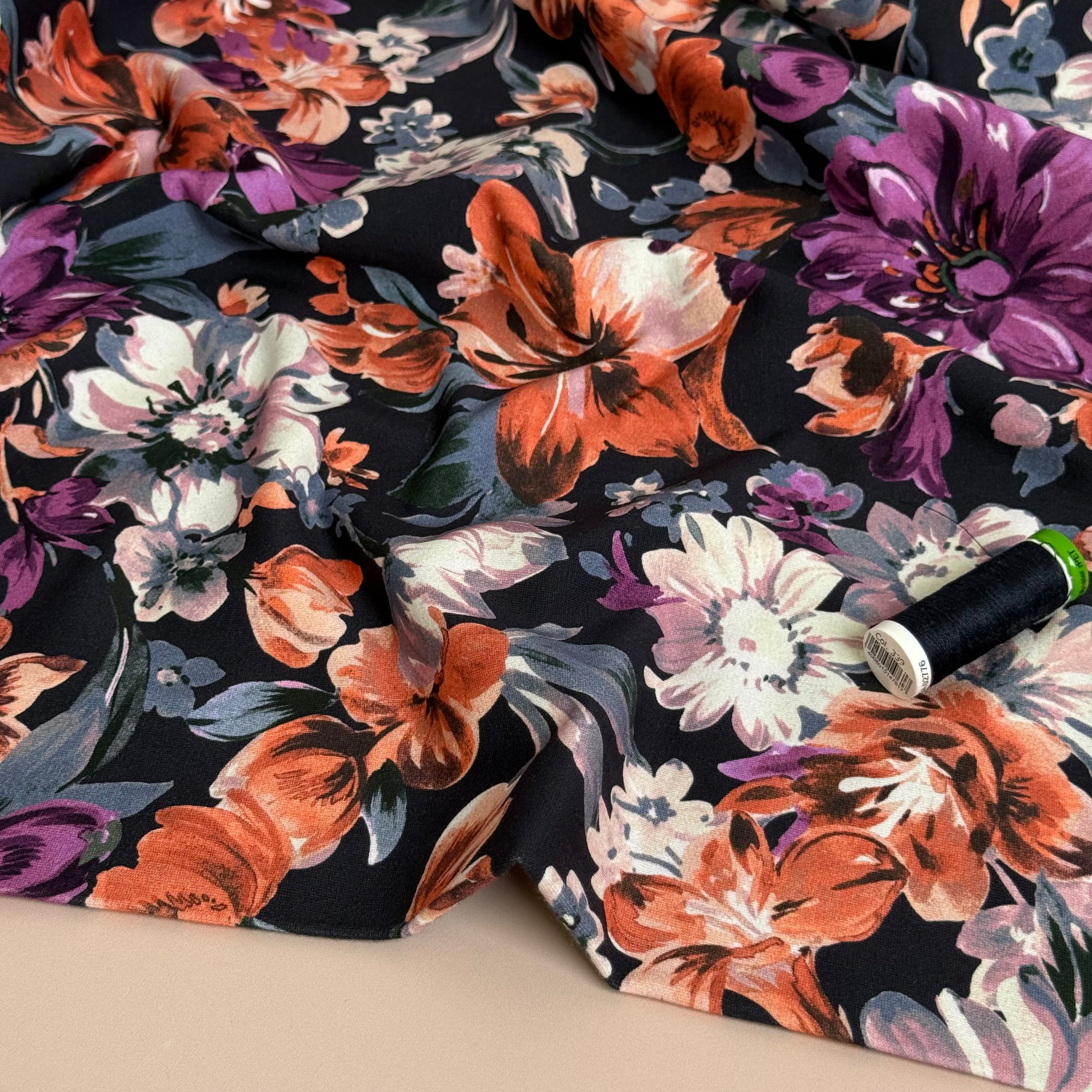 Painted Florals Dark Navy Cotton French Terry Fabric