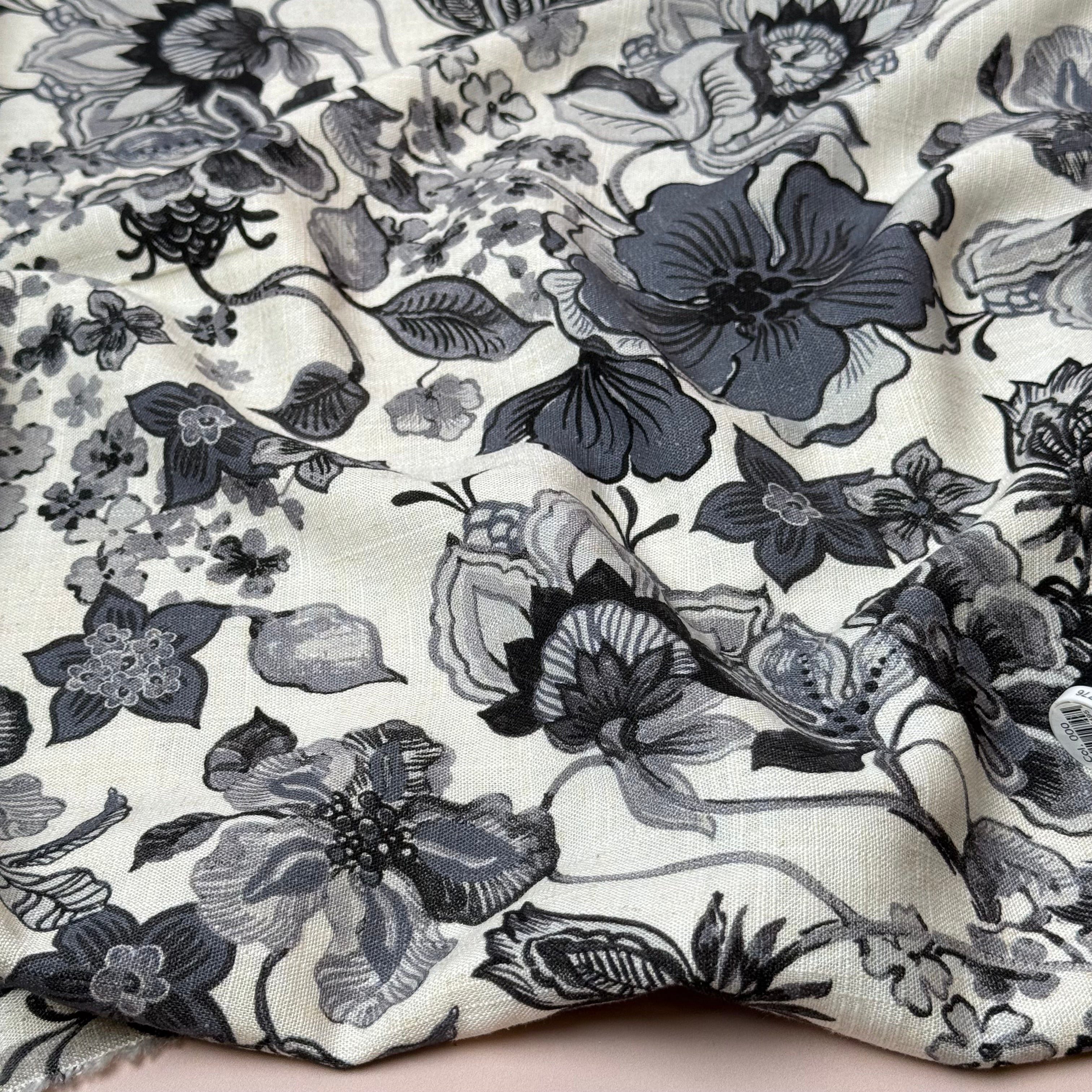 Henna Flowers Charcoal Grey Viscose Linen Fabric