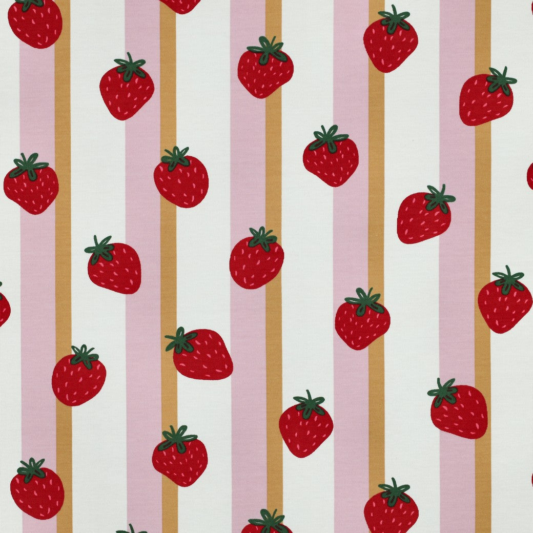 Strawberries in Lanes Pink Cotton Jersey Fabric