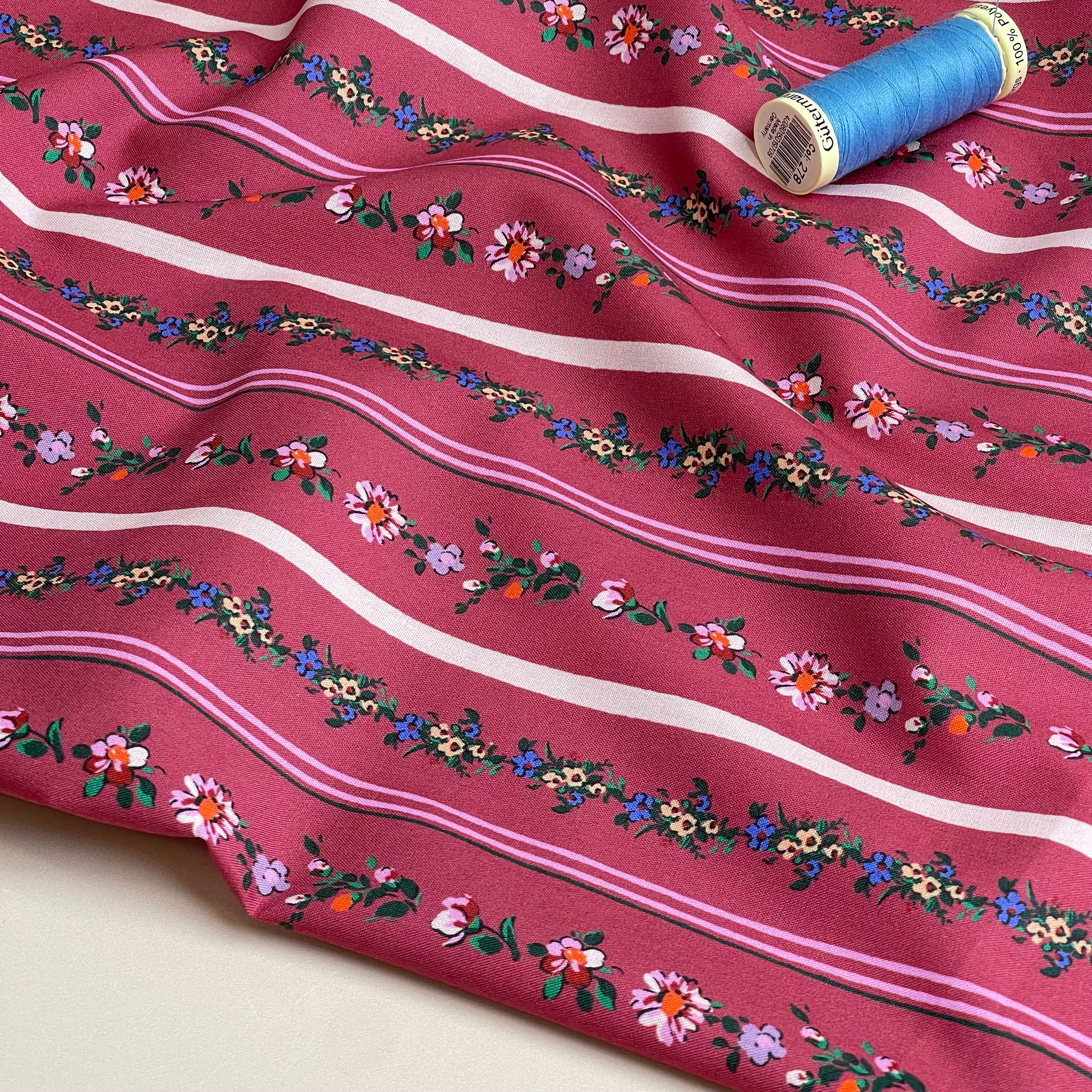 Floral Stripes on Burgundy Fine Cotton Poplin Fabric