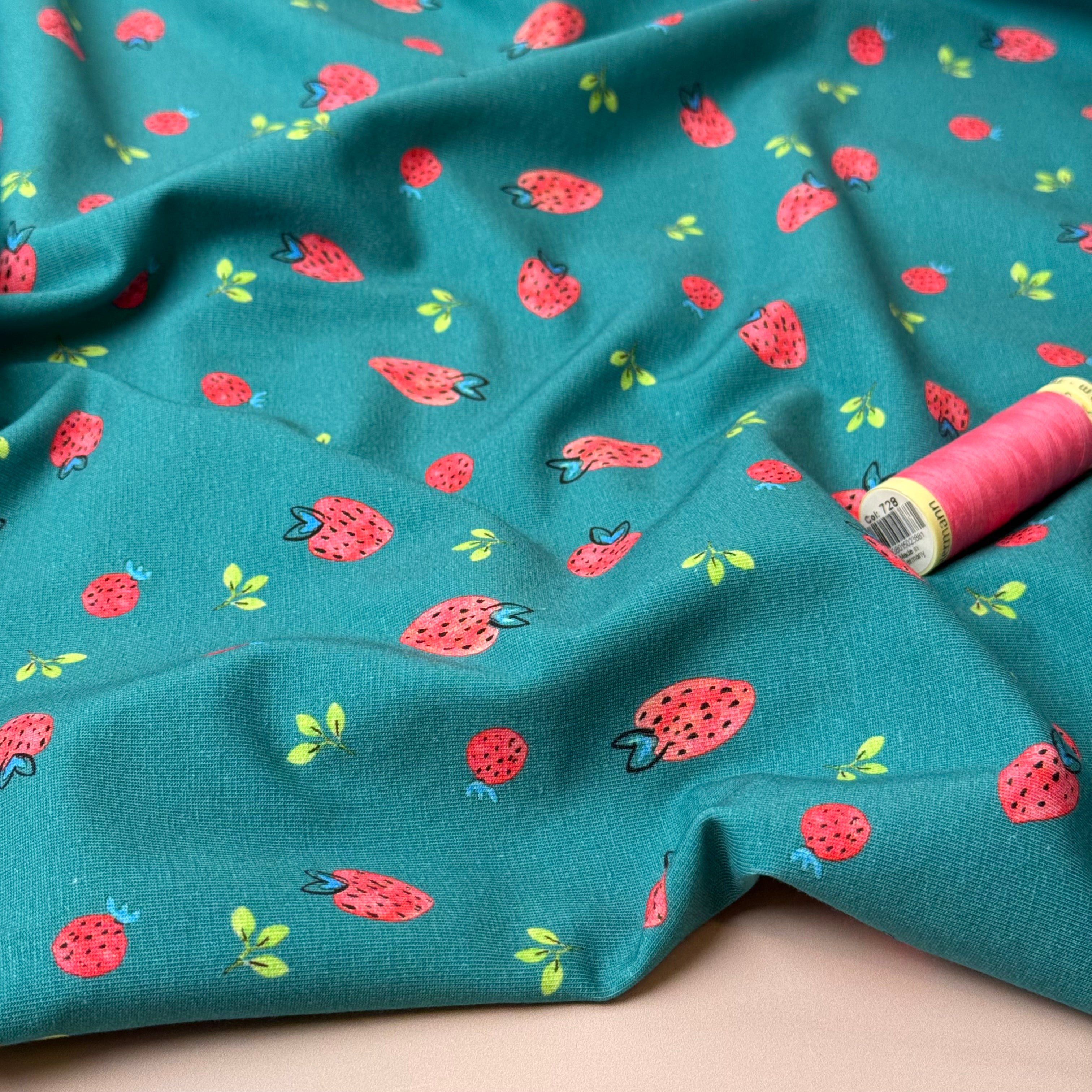 Strawberries on Teal Cotton Jersey Fabric