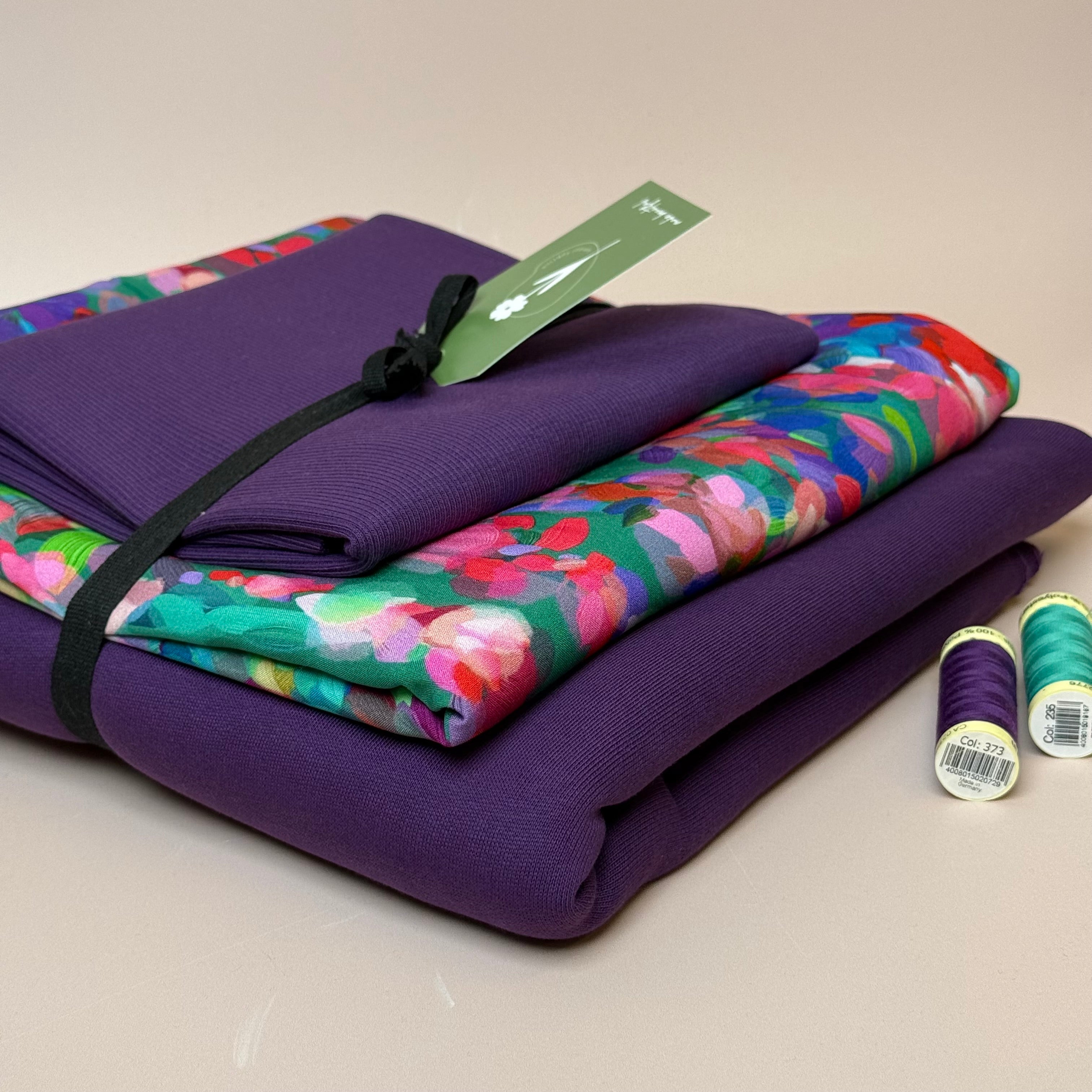 Make an Outfit Colour Bundle - Lupine Petals Viscose & Brushed Sweatshirt in Plum with Ribbing