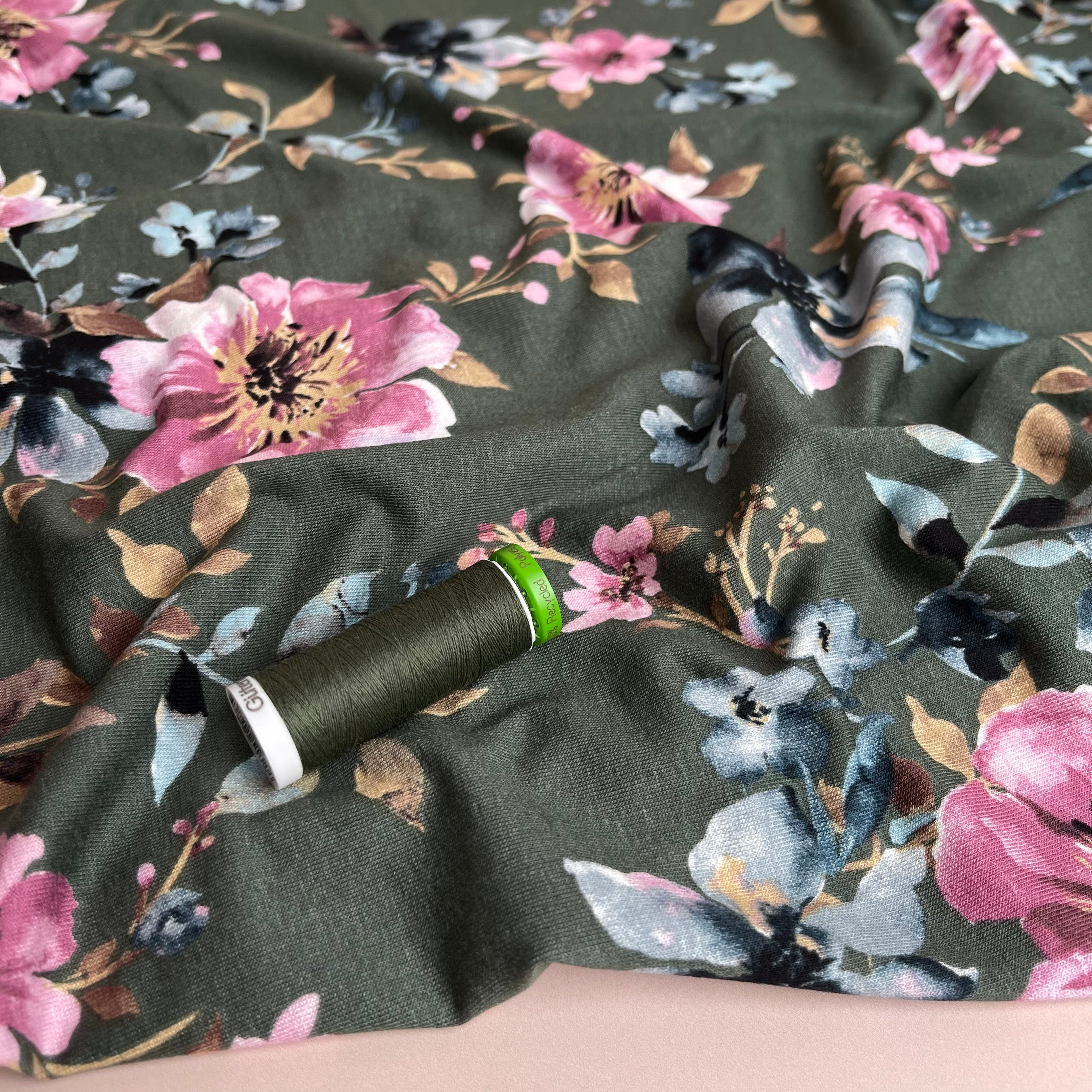 Watercolour Bouquet on Green Viscose Jersey Fabric