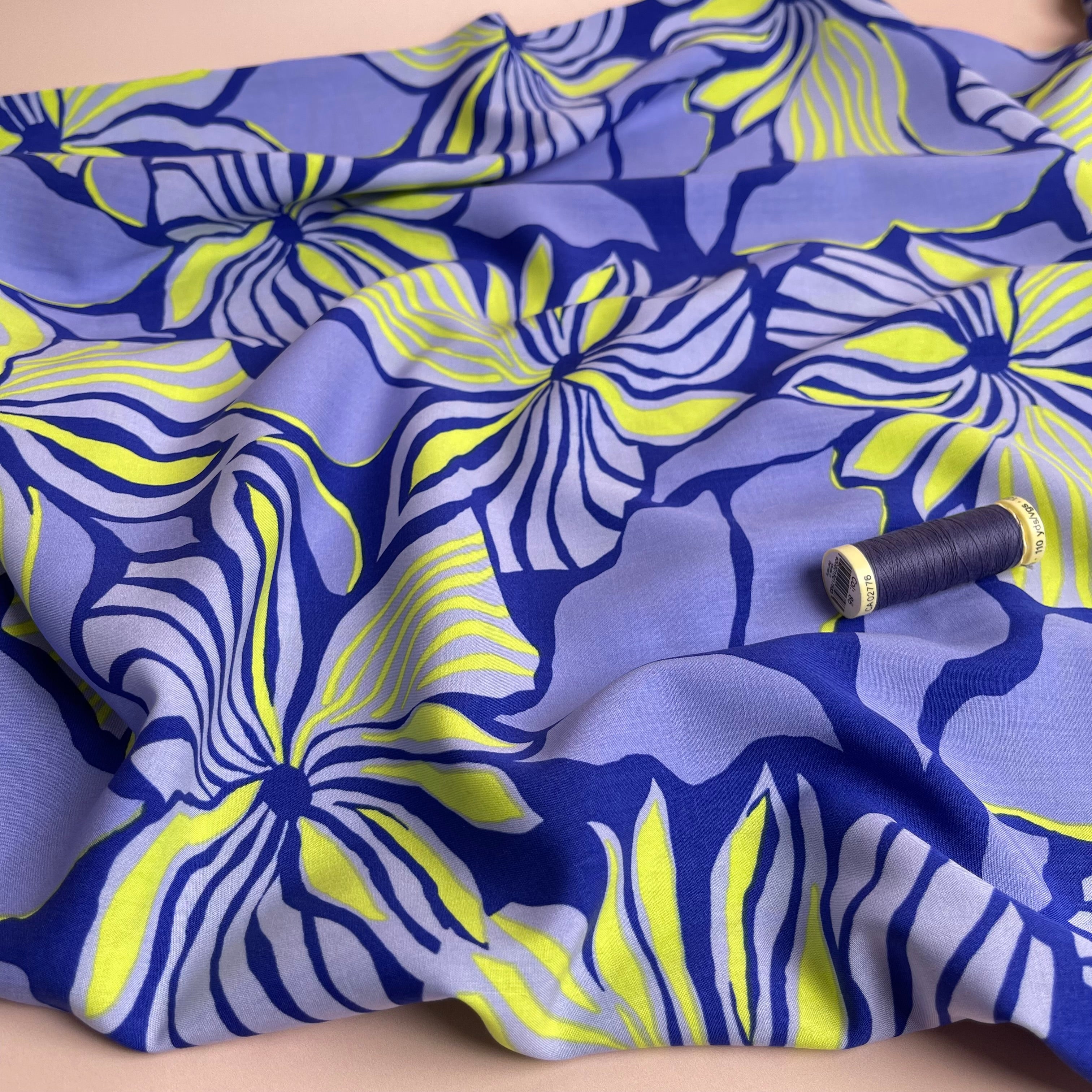 Bold Painted Flowers on Blue LENZING™ ECOVERO™ Viscose Fabric