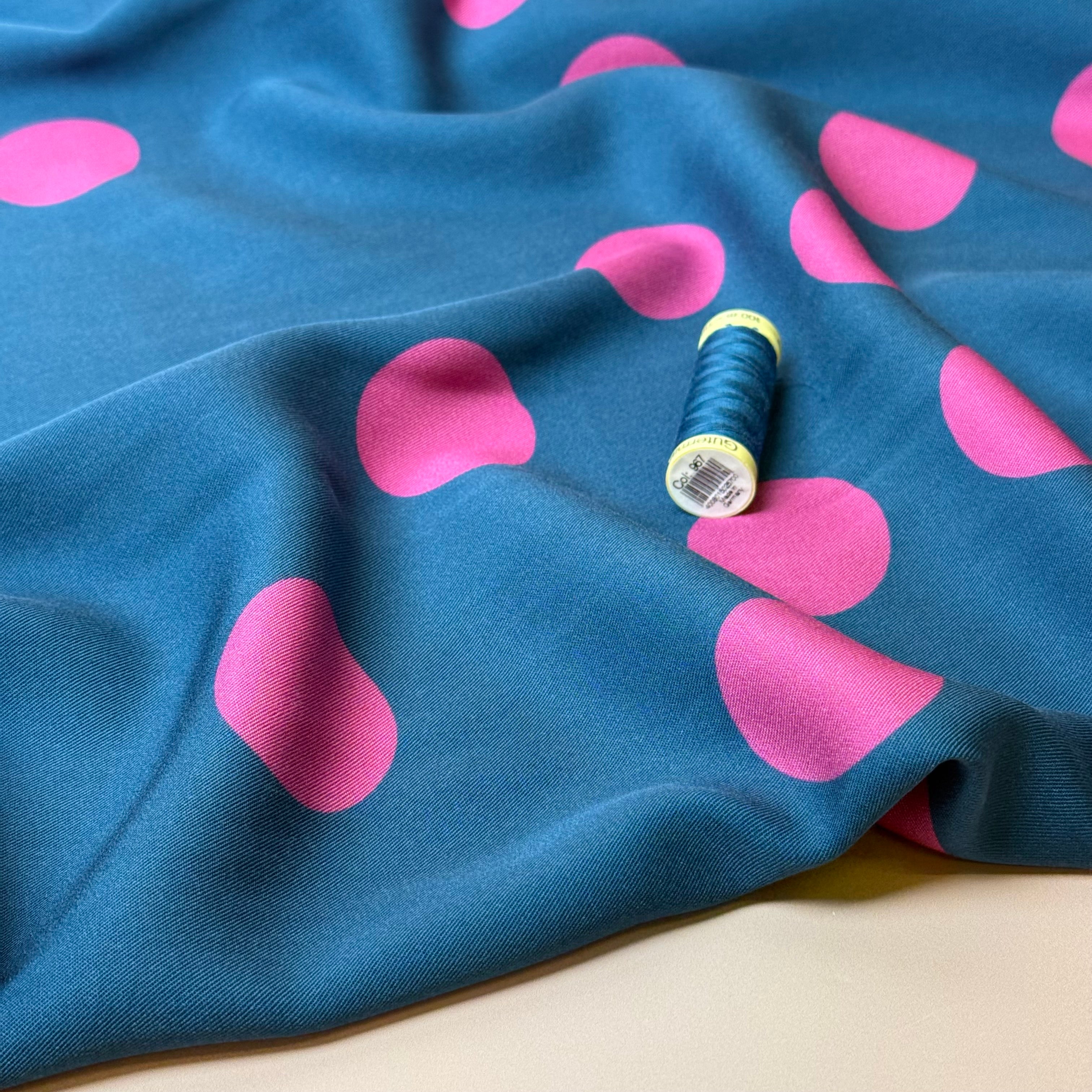 Light & Lush - Large Polka Dots in Pink on Blue Viscose Twill Fabric