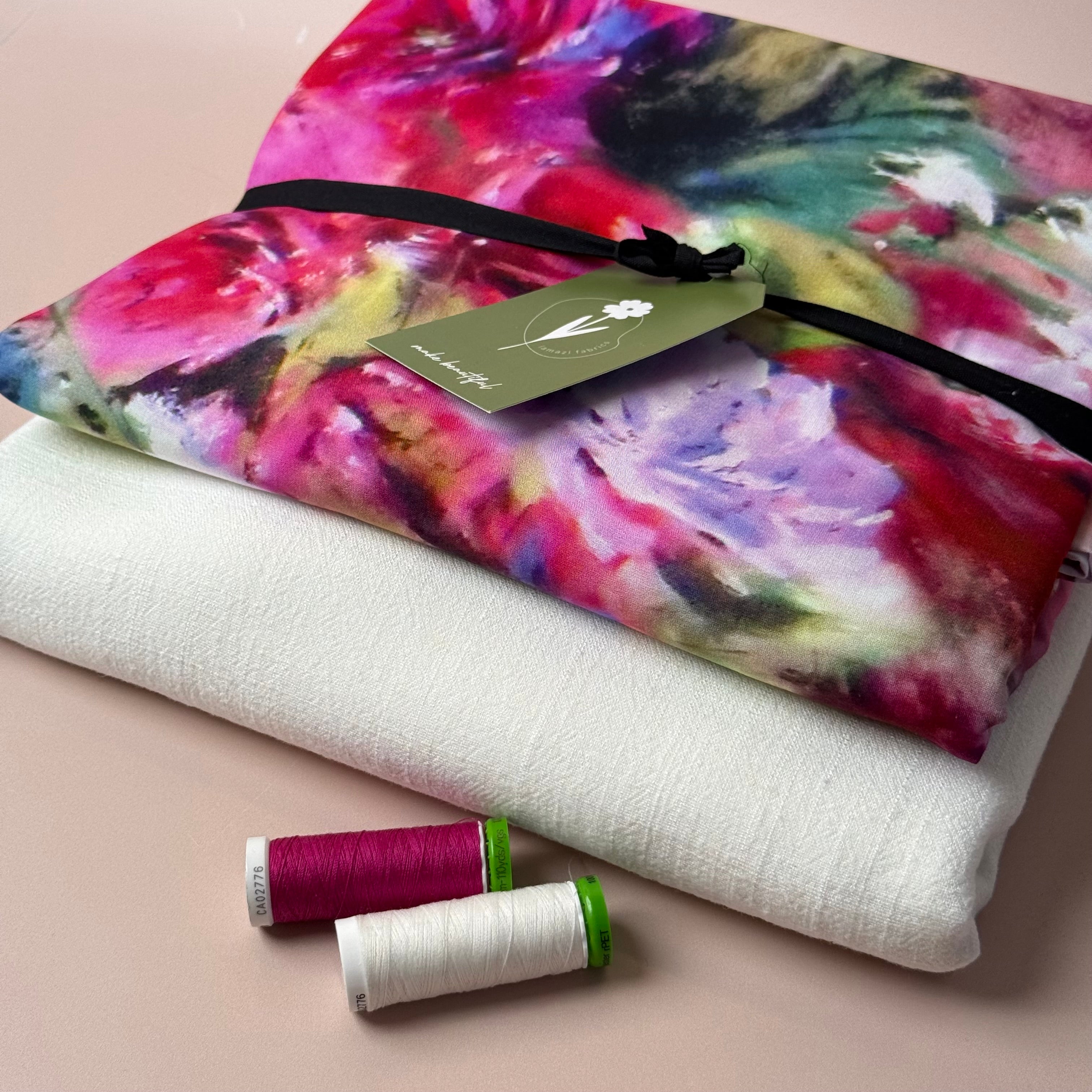 Make an Outfit Colour Bundle - Abstract Watercolour Florals Viscose with Off-White Flow Linen Blend