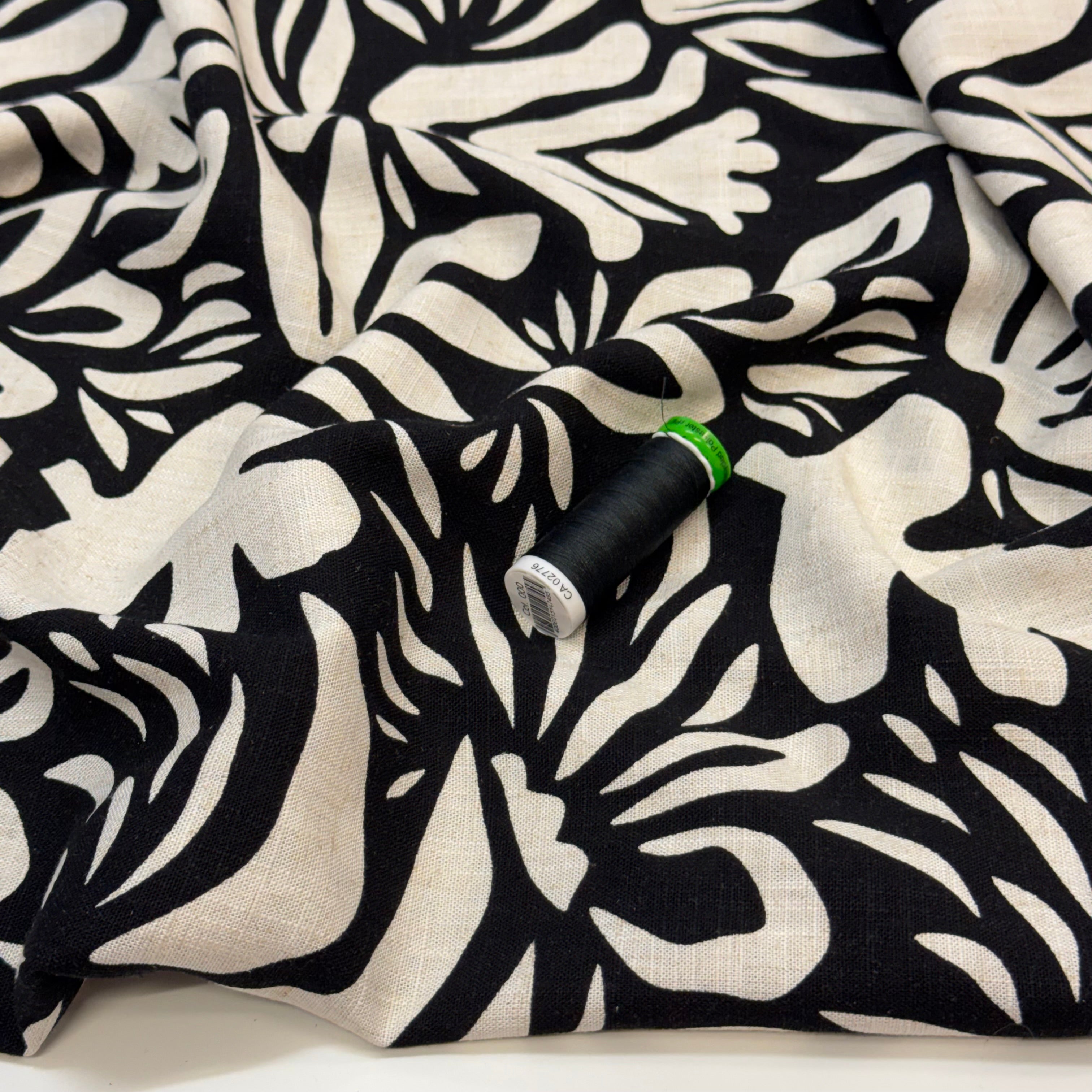 Graphic Plants Black Viscose Linen Fabric