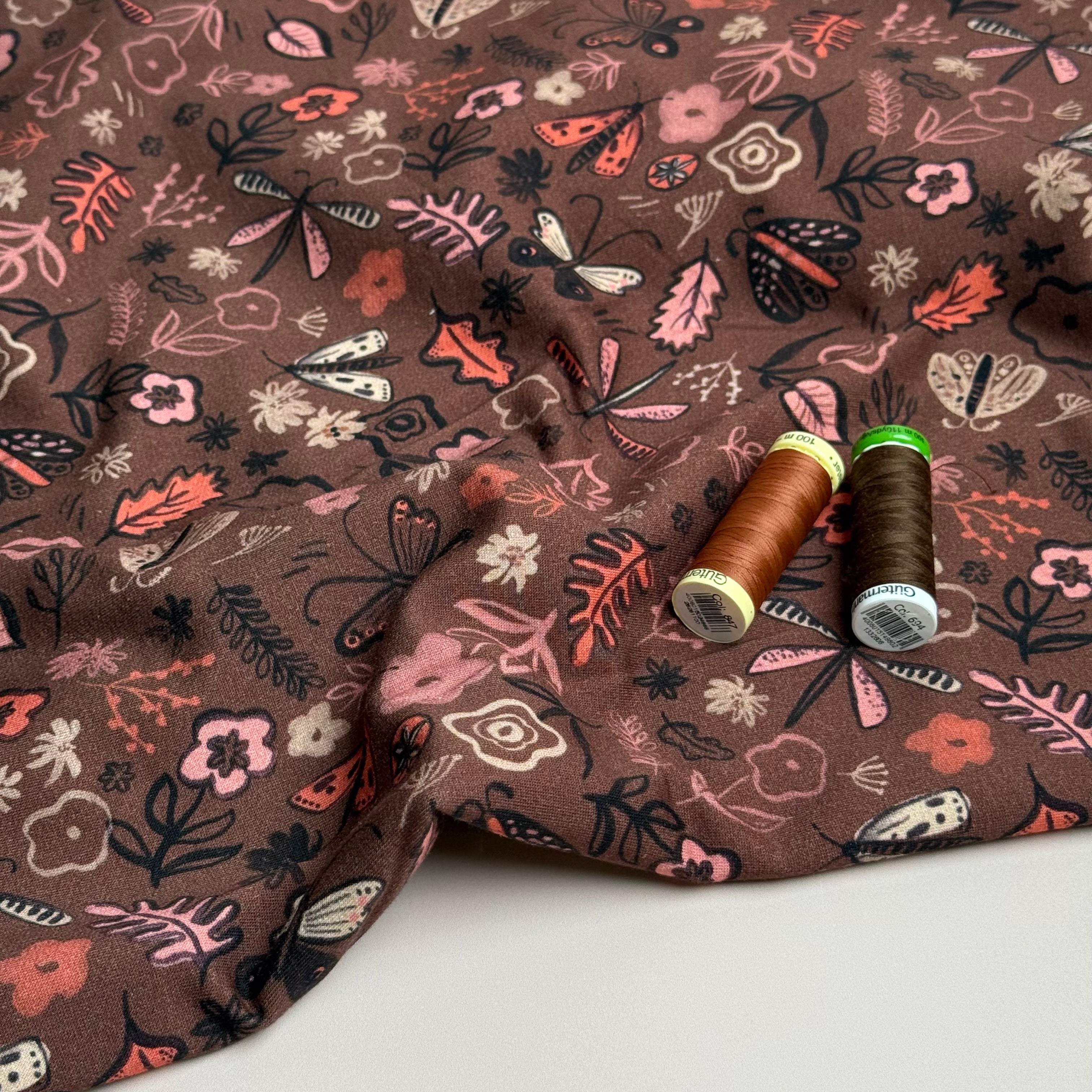 Autumn Doodles Brown Cotton French Terry Fabric