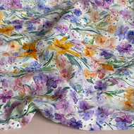REMNANT 0.34 metres - Lavender Field Flowers on Embroidered White Cotton Voile Fabric