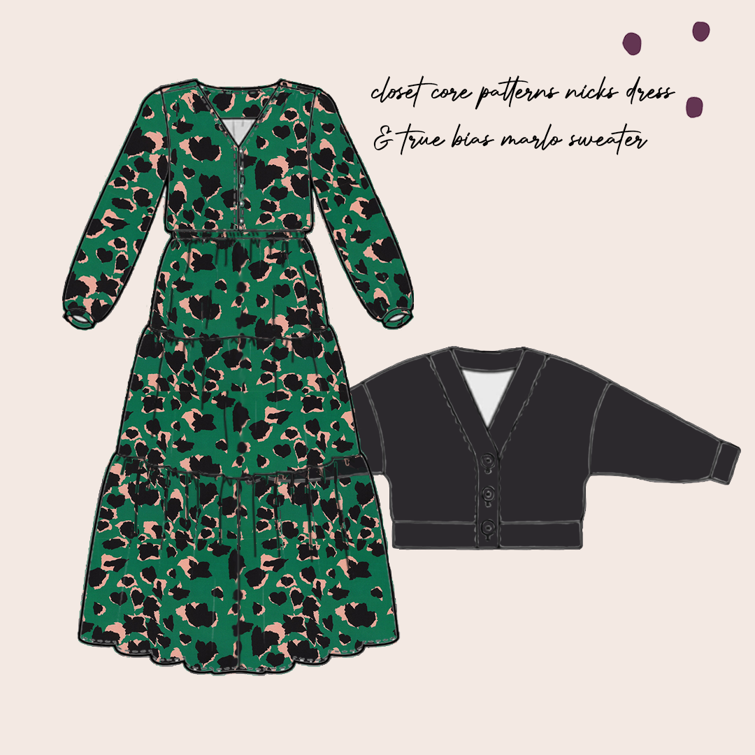 Make an Outfit Colour Bundle - Emerald Leopard Viscose & Black Sweater Knit with ribbing